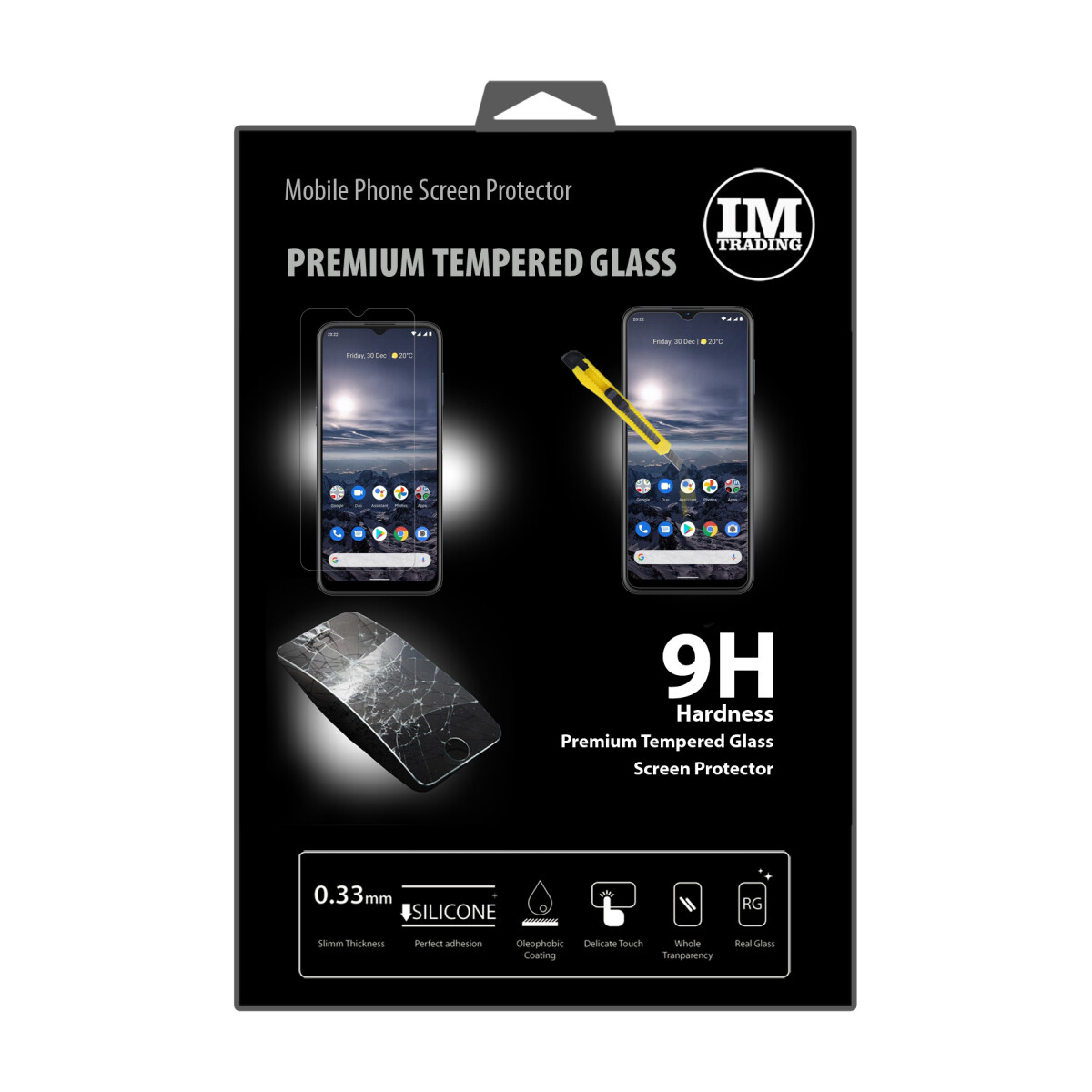 Verpackung zeigt Displayschutzfolie mit Text: Premium Tempered Glass und Telefonbilder.