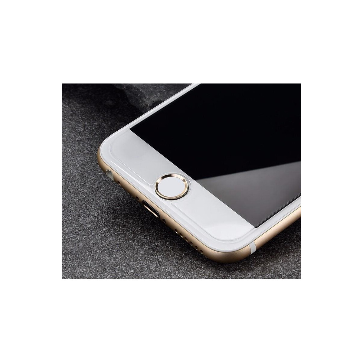 Nahaufnahme der Unterkante eines Telefons. Es ist weiß mit goldenem Rand und kreisförmigem Home-Button.