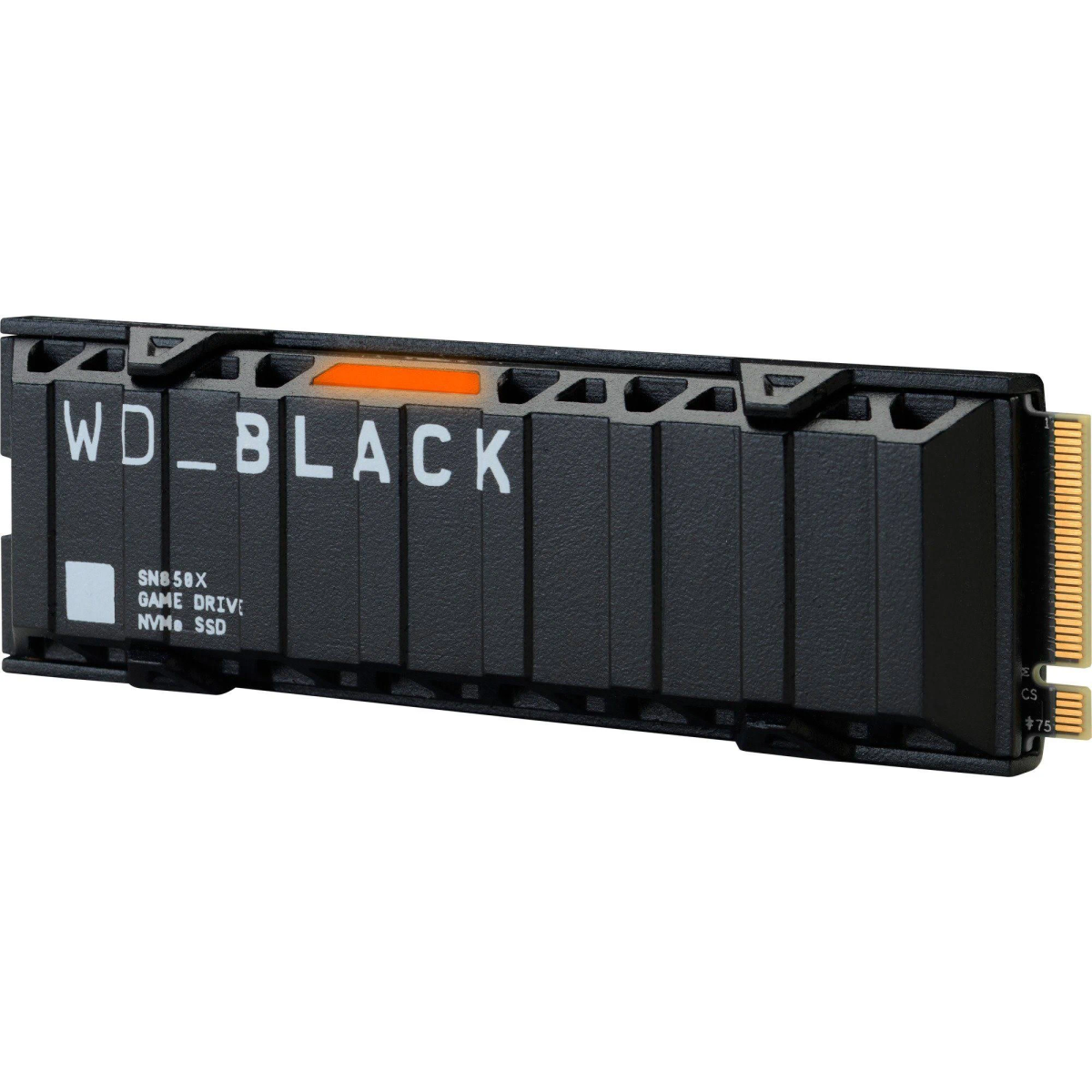 Czarny dysk SSD WD_BLACK NVMe z pomarańczowym paskiem.