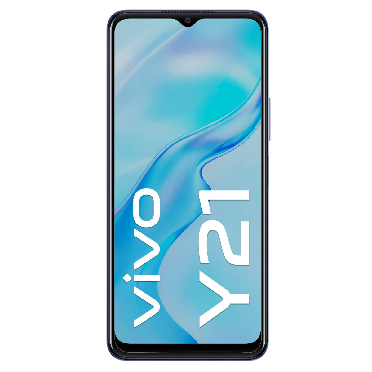 Blaues Vivo Y21-Telefon mit Waterdrop-Notch und Logo der Marke.