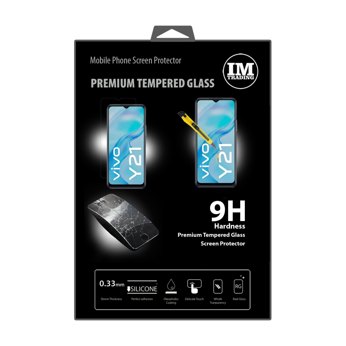 Eine Verpackung für einen Telefonschutz mit Telefonbildern und Text.