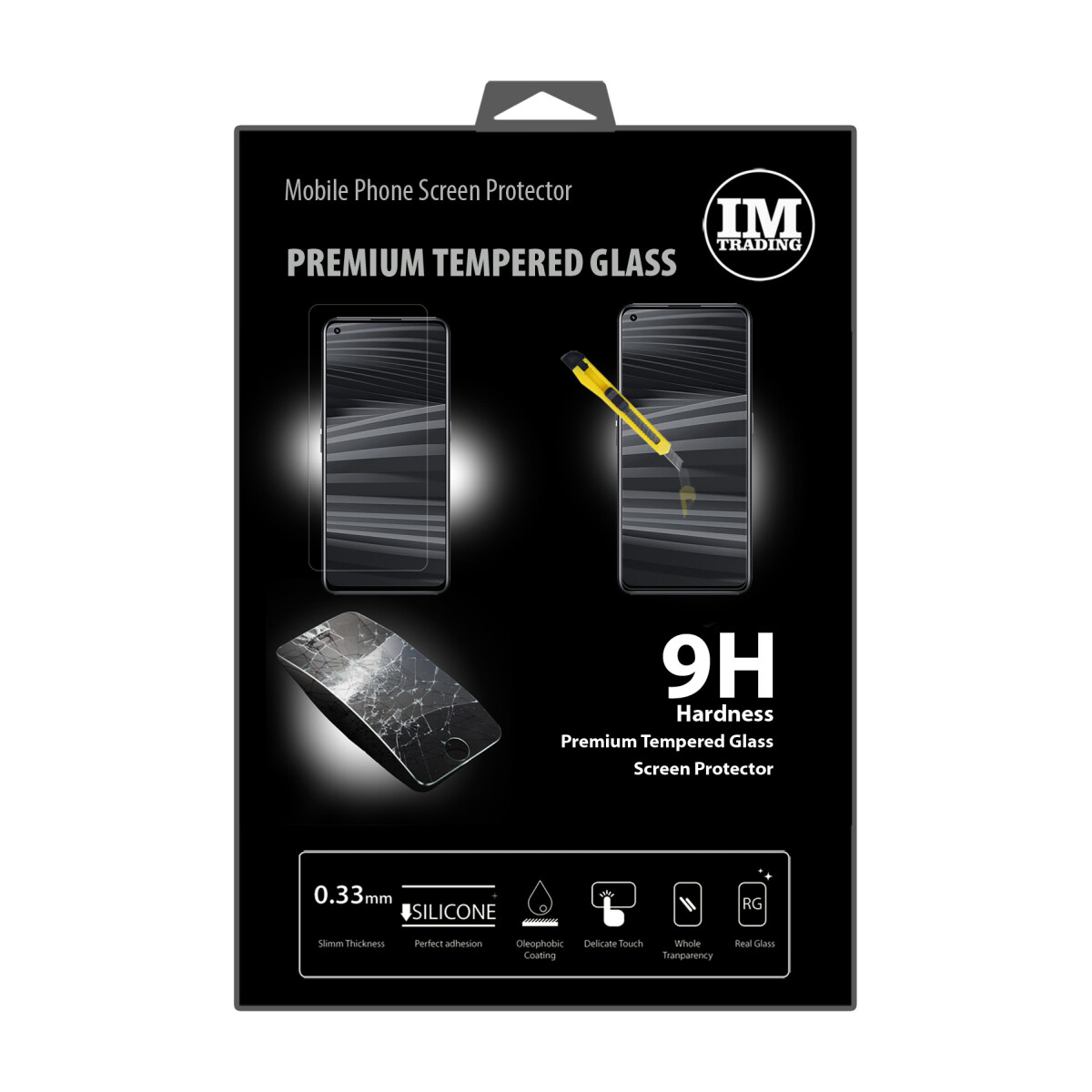 Verpackung für Displayschutzfolie. Telefonbilder, gehärtetes Glas und Symbole. Schwarzer Hintergrund.