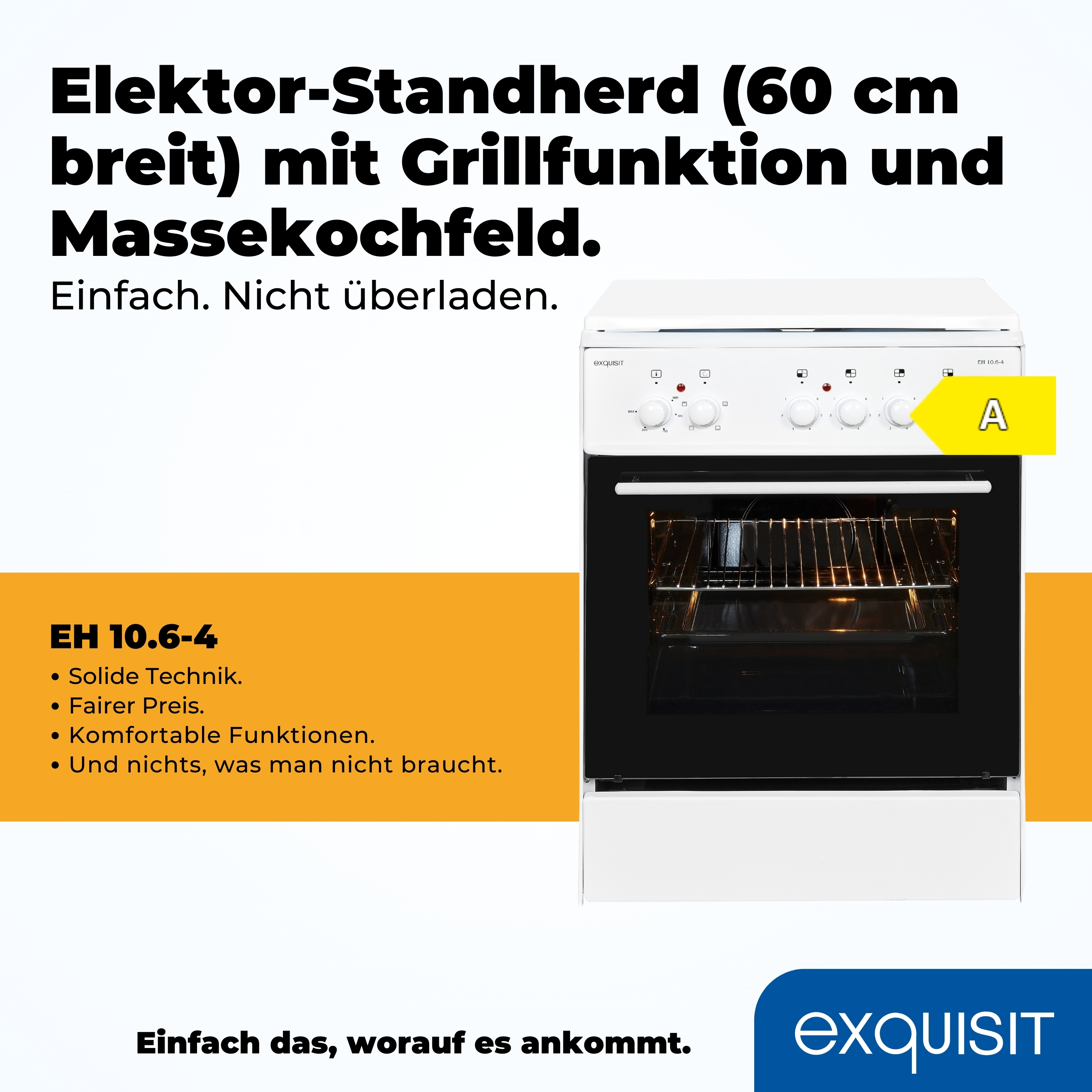 Weißer Exquisit-Ofen mit Text, der seine Funktionen beschreibt, und einem Energielabel.