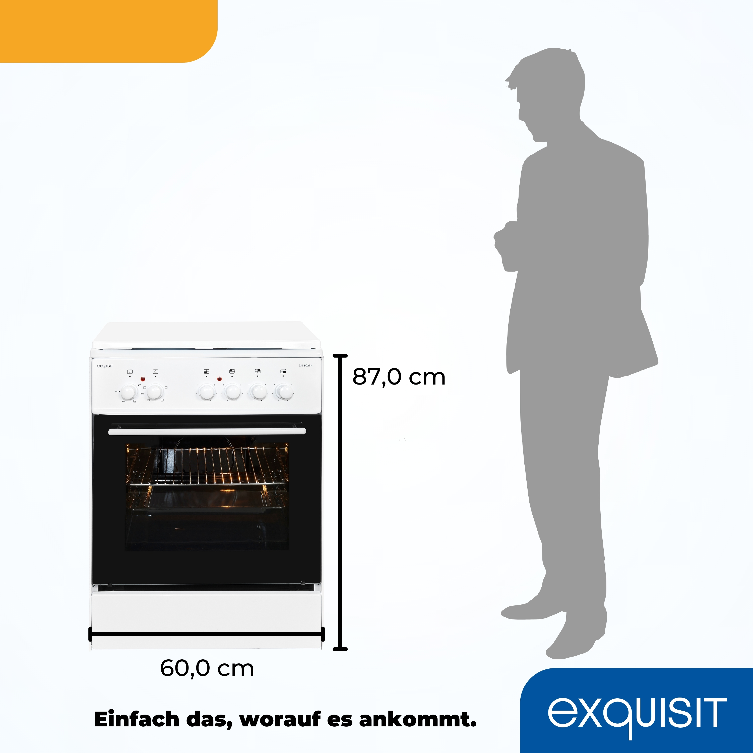 Weißer Ofen mit einer Personensilhouette. Markierte Abmessungen: 60 cm breit, 87 cm hoch. Deutscher Text.