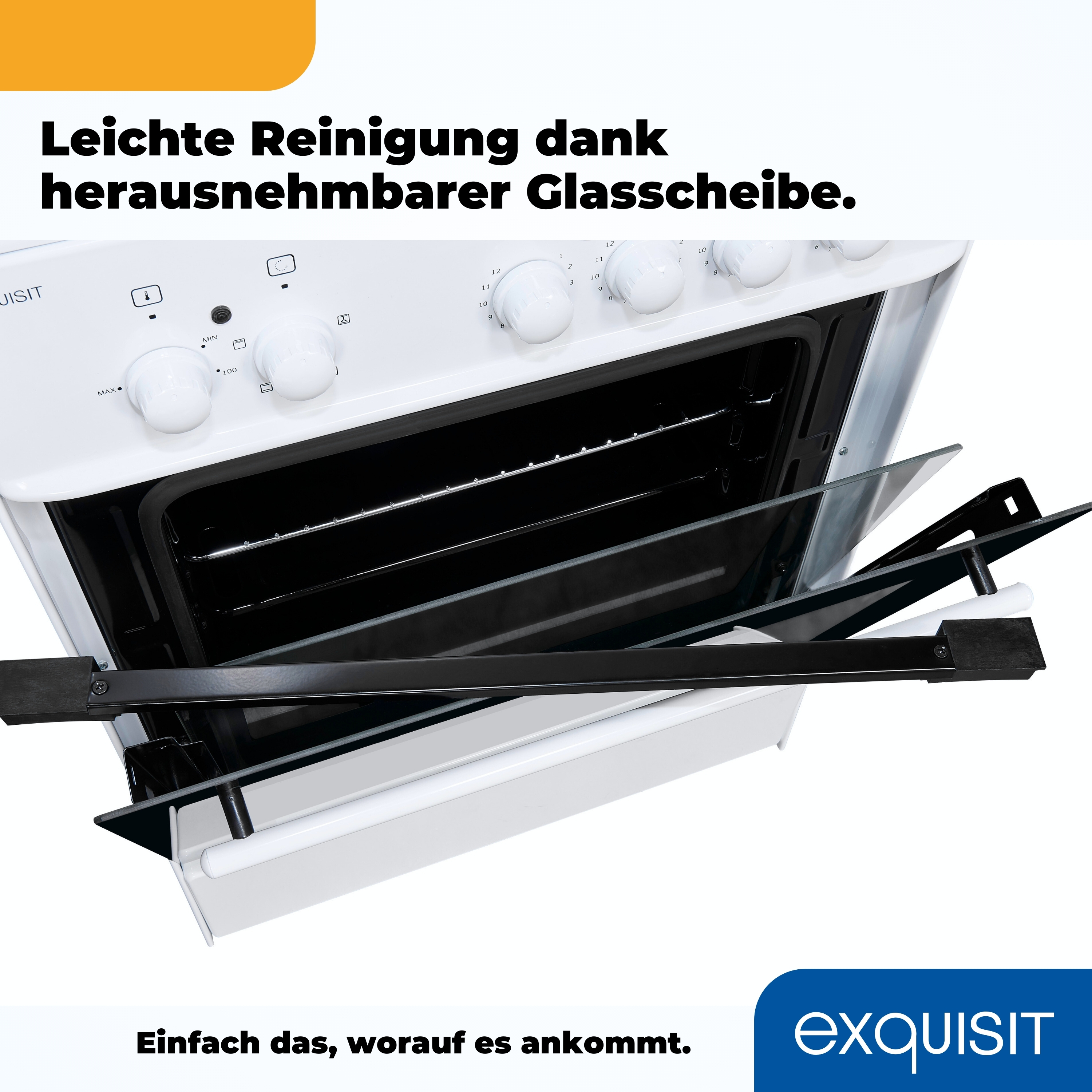 Weißer Ofen mit offener Tür. Schwarze Stangen und Glasscheiben sind sichtbar.