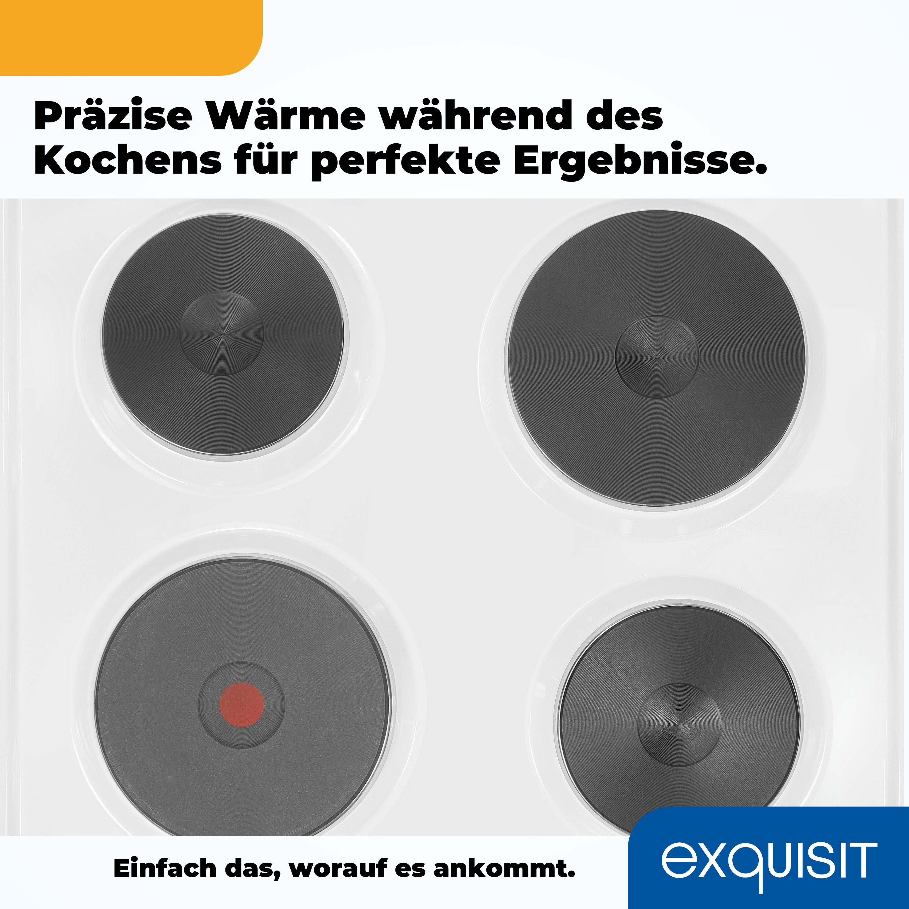 Ein weißes Kochfeld mit vier kreisförmigen Heizelementen, eines mit roter Mitte.