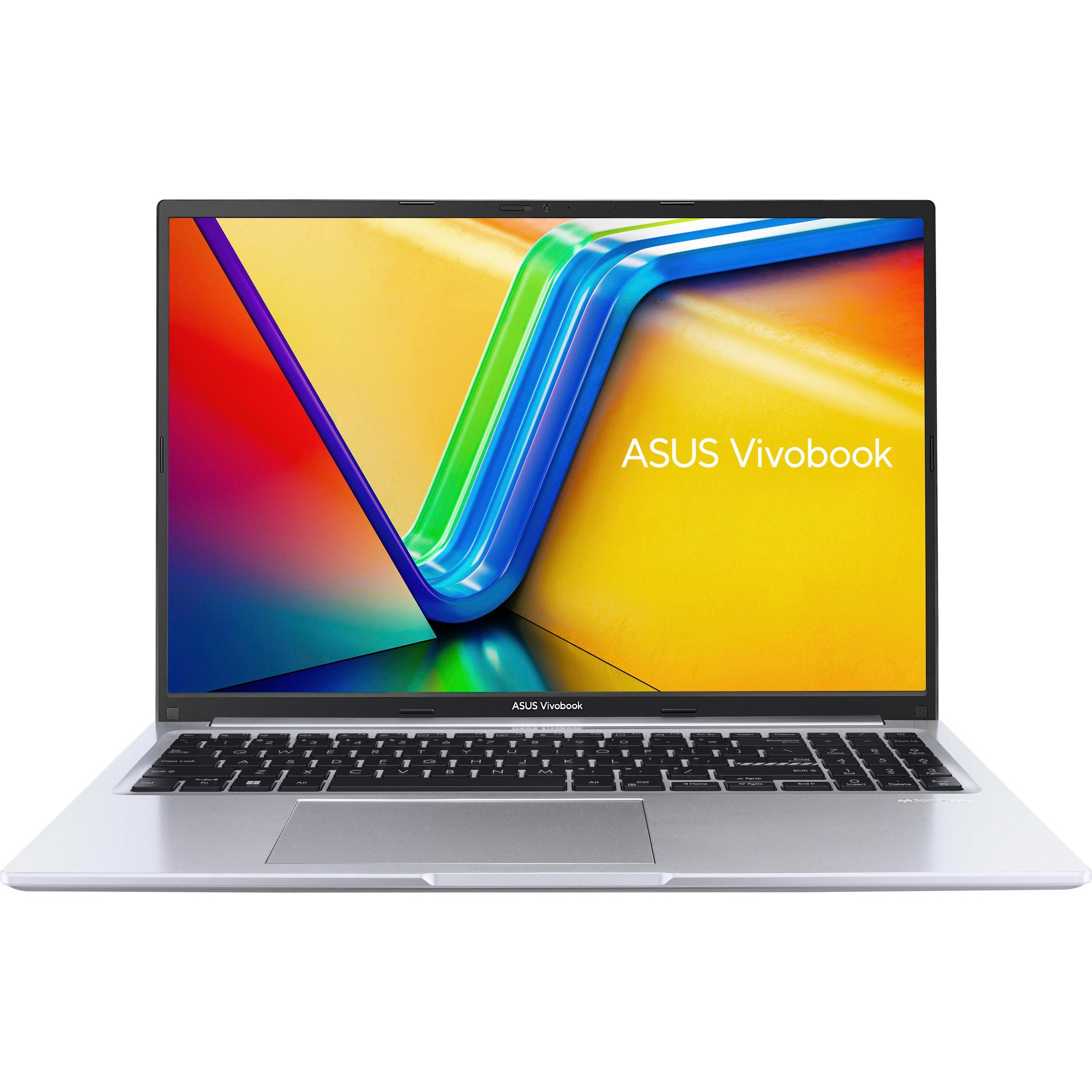 Silbernes ASUS Vivobook, Tastatur sichtbar, Bildschirm zeigt farbenfrohes Design, weißer Hintergrund.
