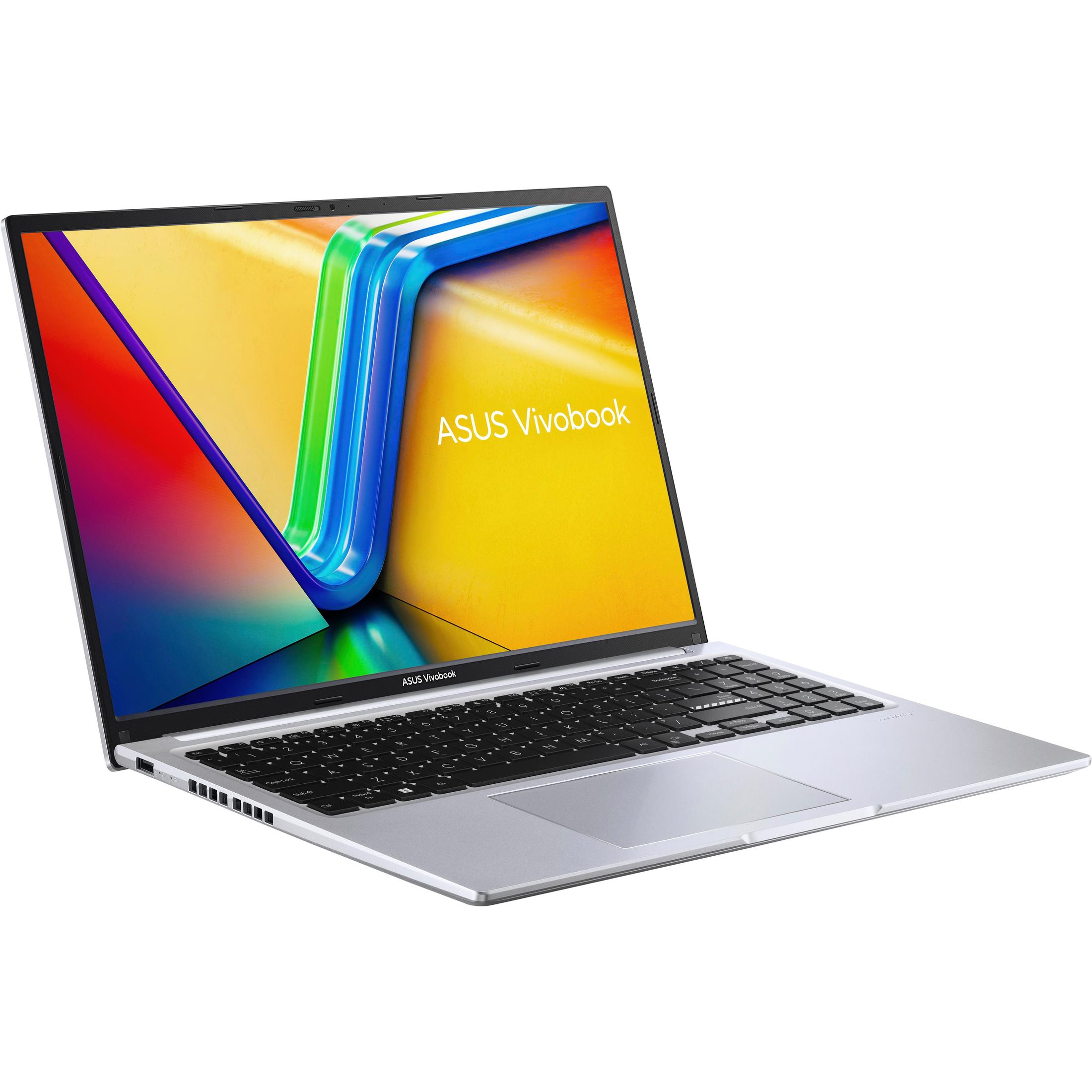 Silbernes ASUS Vivobook Laptop offen, zeigt einen farbenfrohen Bildschirm und eine Tastatur. Es ist auf weißem Grund.