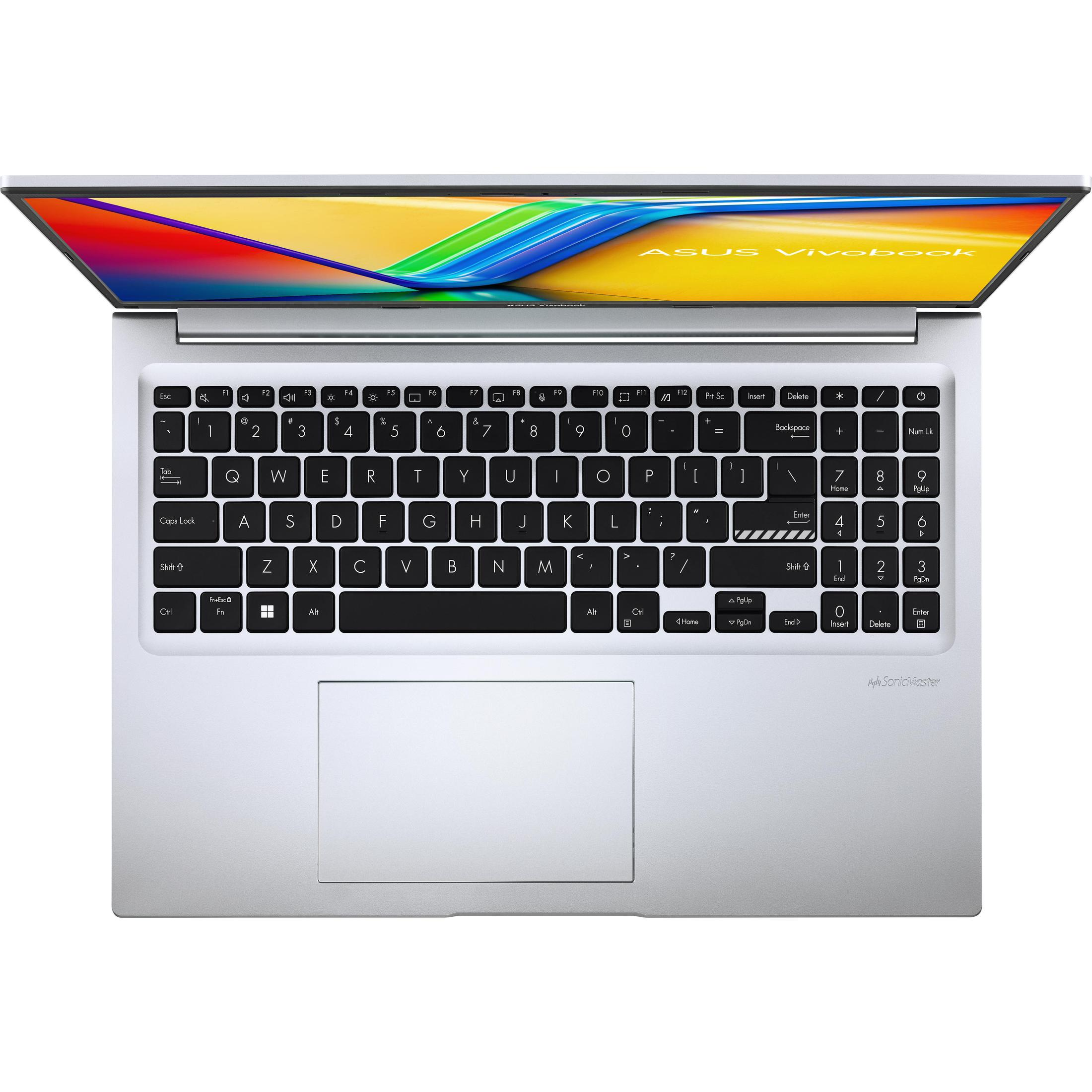 Ein offener silberner Laptop mit Tastatur, farbenfrohem Bildschirm und dem Markennamen 'ASUS Vivobook'.