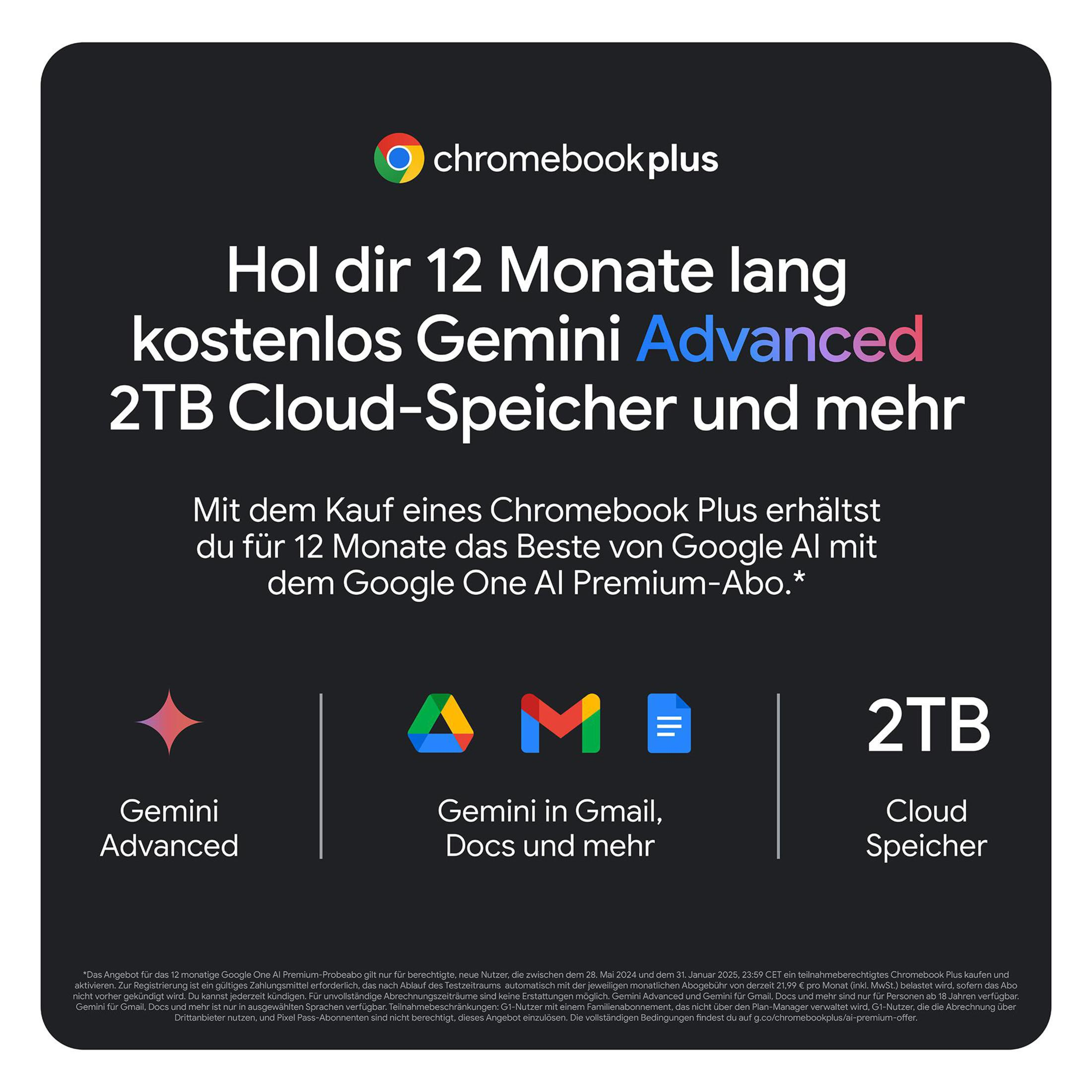 Chromebook Plus-Anzeige mit Text, Logos und Bildern eines Cloud-Speicherangebots.