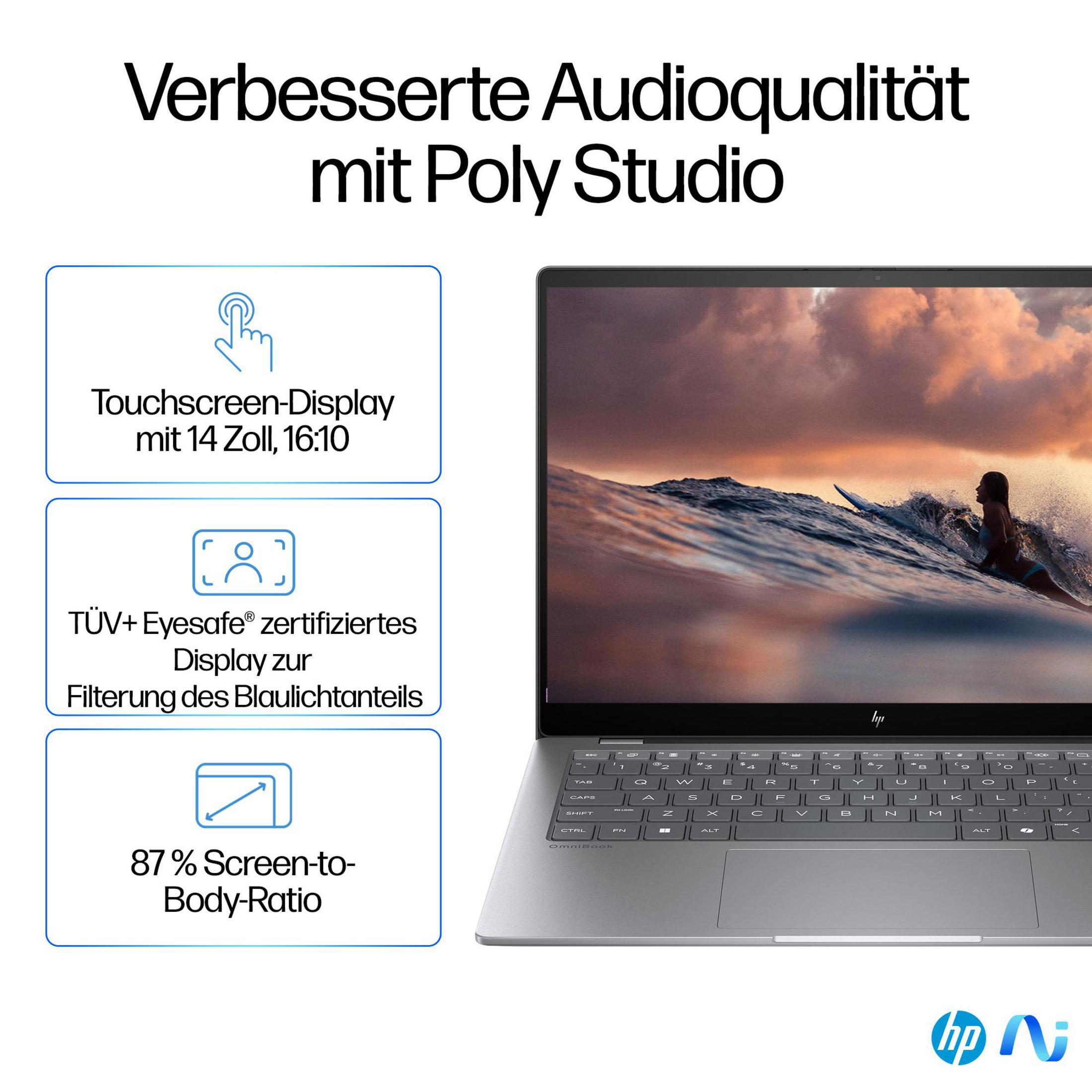 Laptop mit Informationsboxen. Es hat einen Touchscreen, Blaulichtfilter und 87% Bildschirm-zu-Körper-Verhältnis.