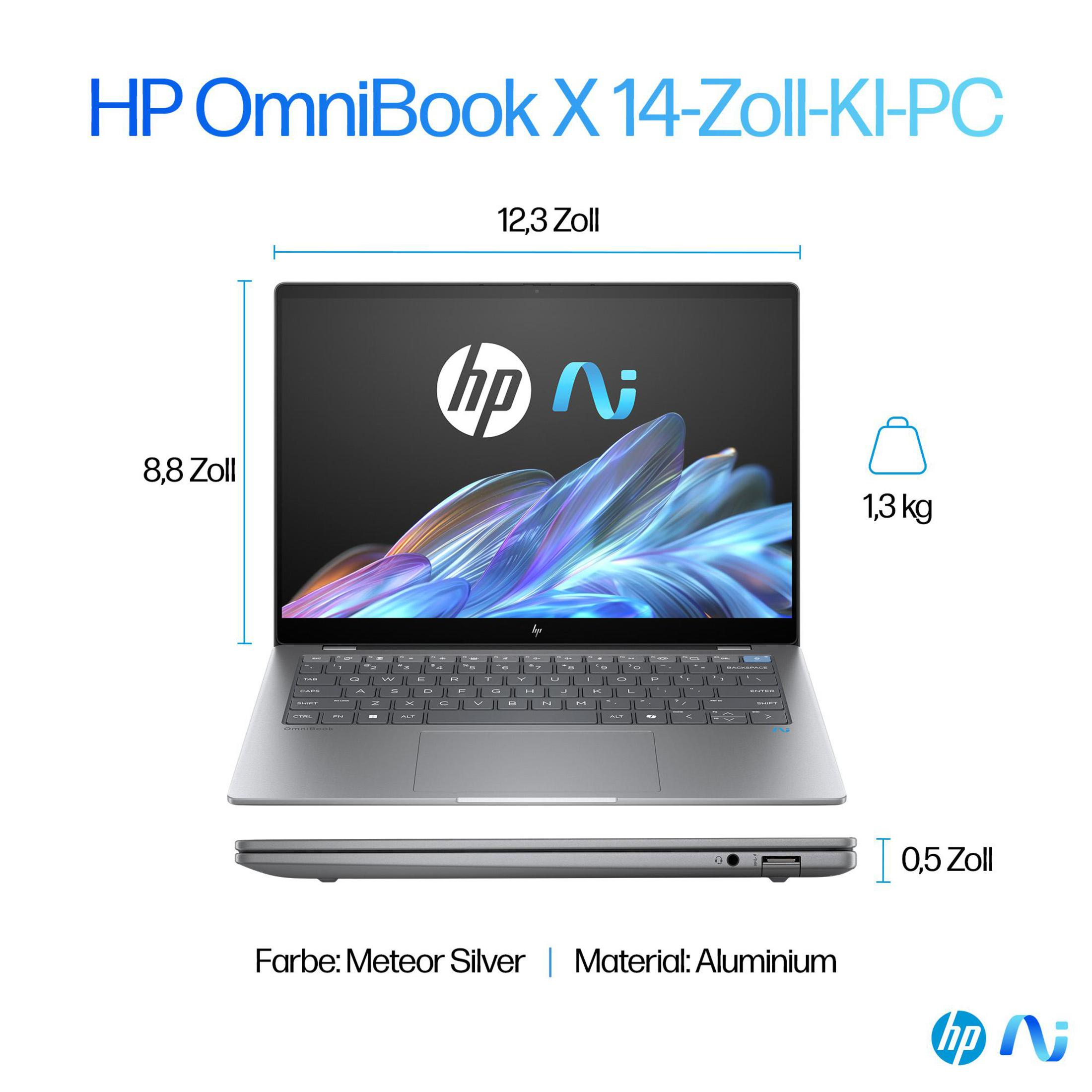 Laptop auf weißer Oberfläche, zeigt Abmessungen und Gewicht in Zoll und kg.