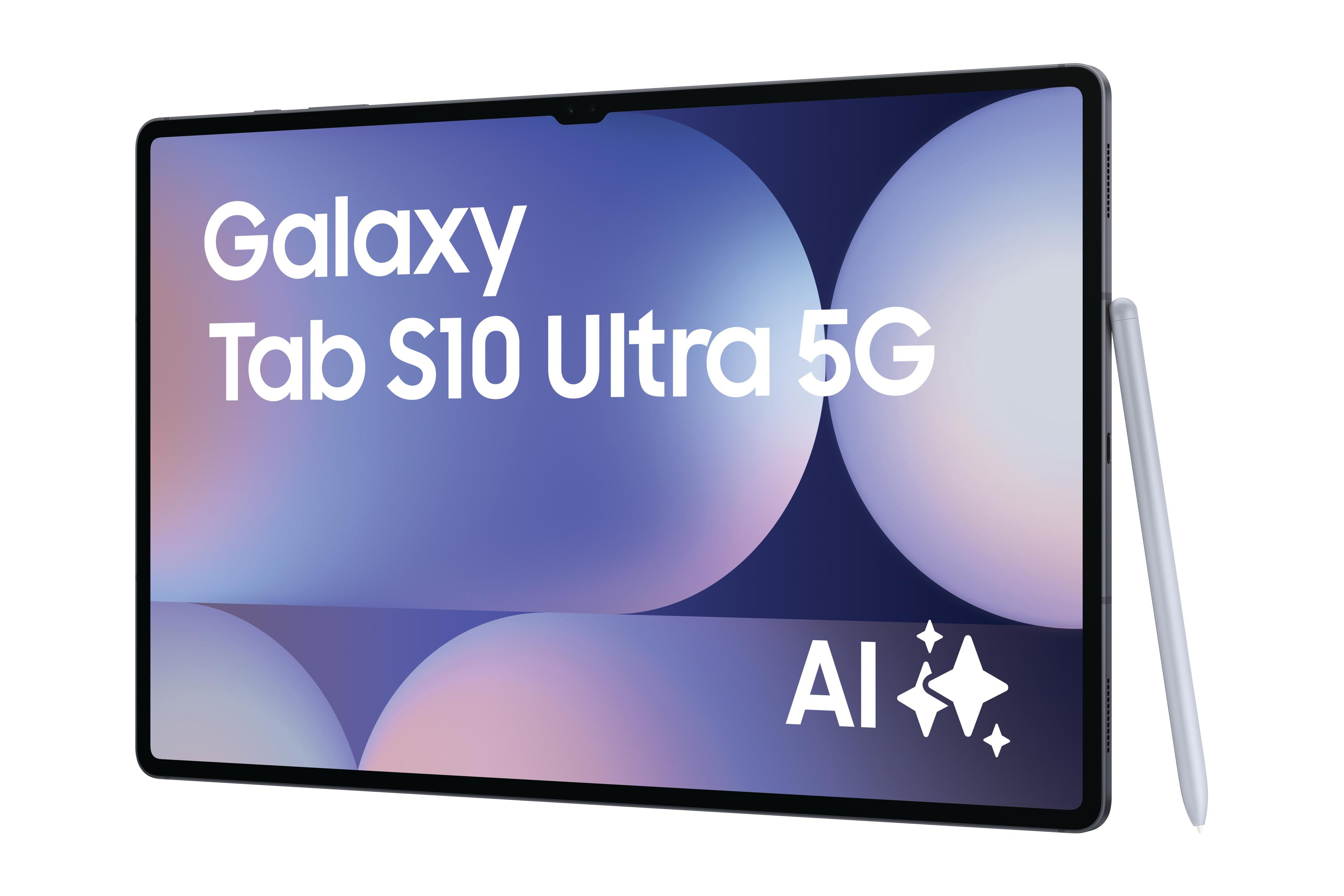 Een tablet met het Galaxy Tab S10 Ultra 5G-scherm. Een styluspen staat rechts.
