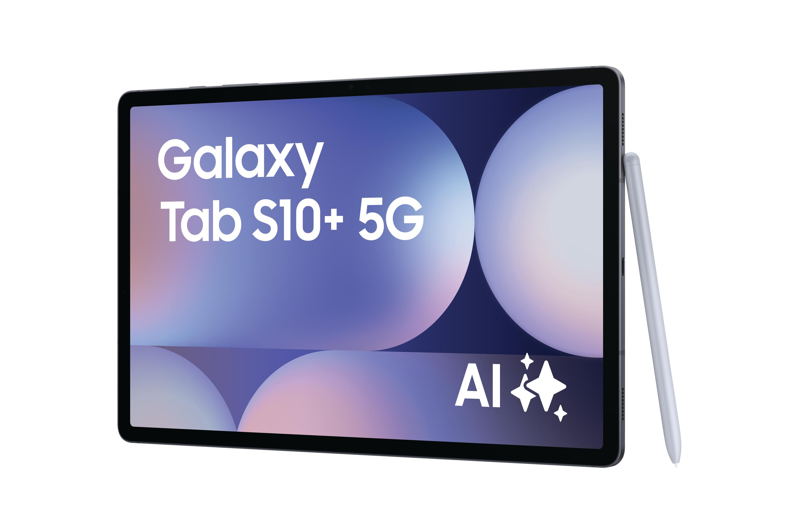 Een tablet met de tekst "Galaxy Tab S10+ 5G", AI-logo en een stylus op een witte achtergrond.