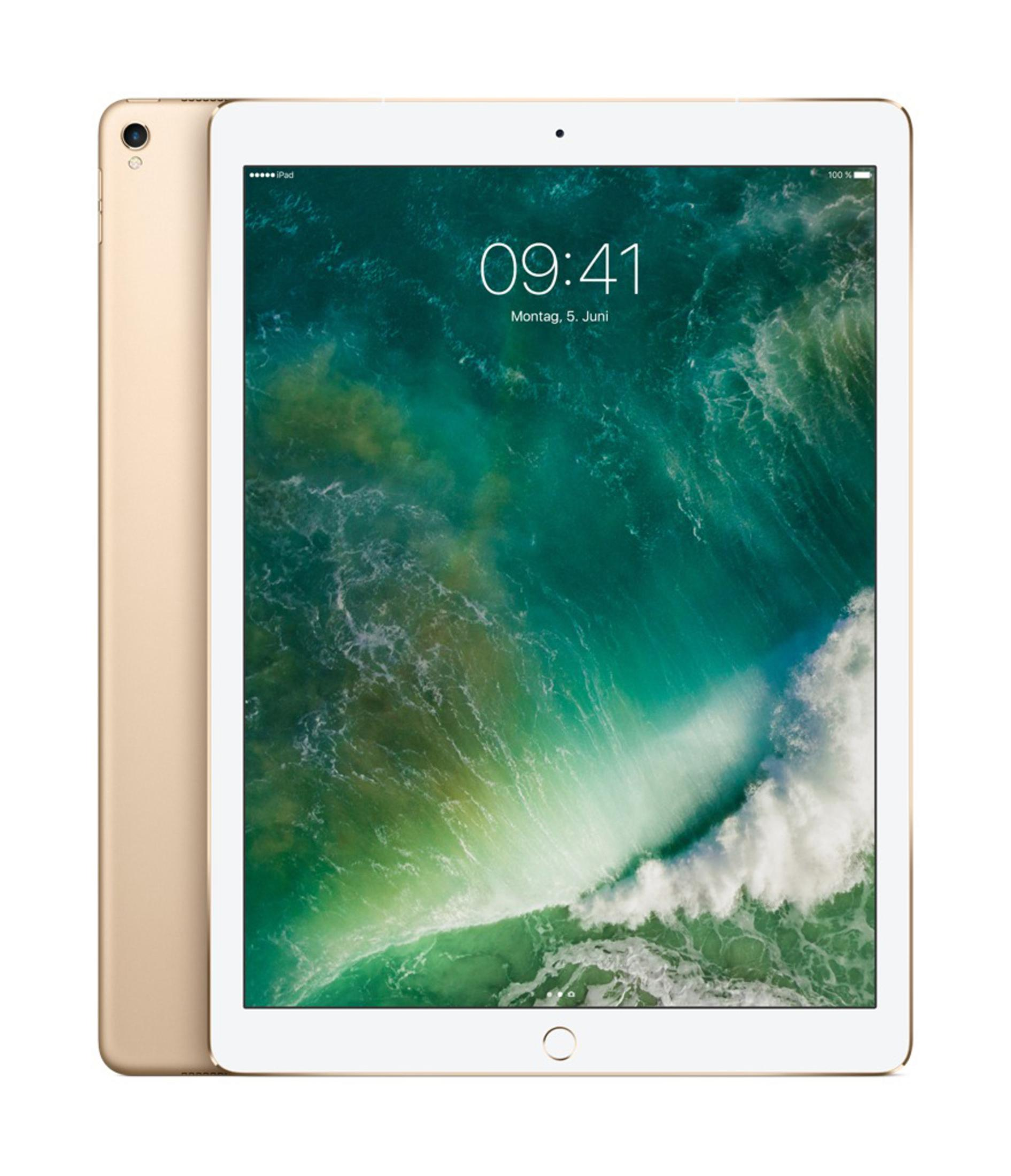 Goldenes iPad, Vorderansicht. Das Display zeigt ein wellenartiges Bild. Der Hintergrund ist weiß.