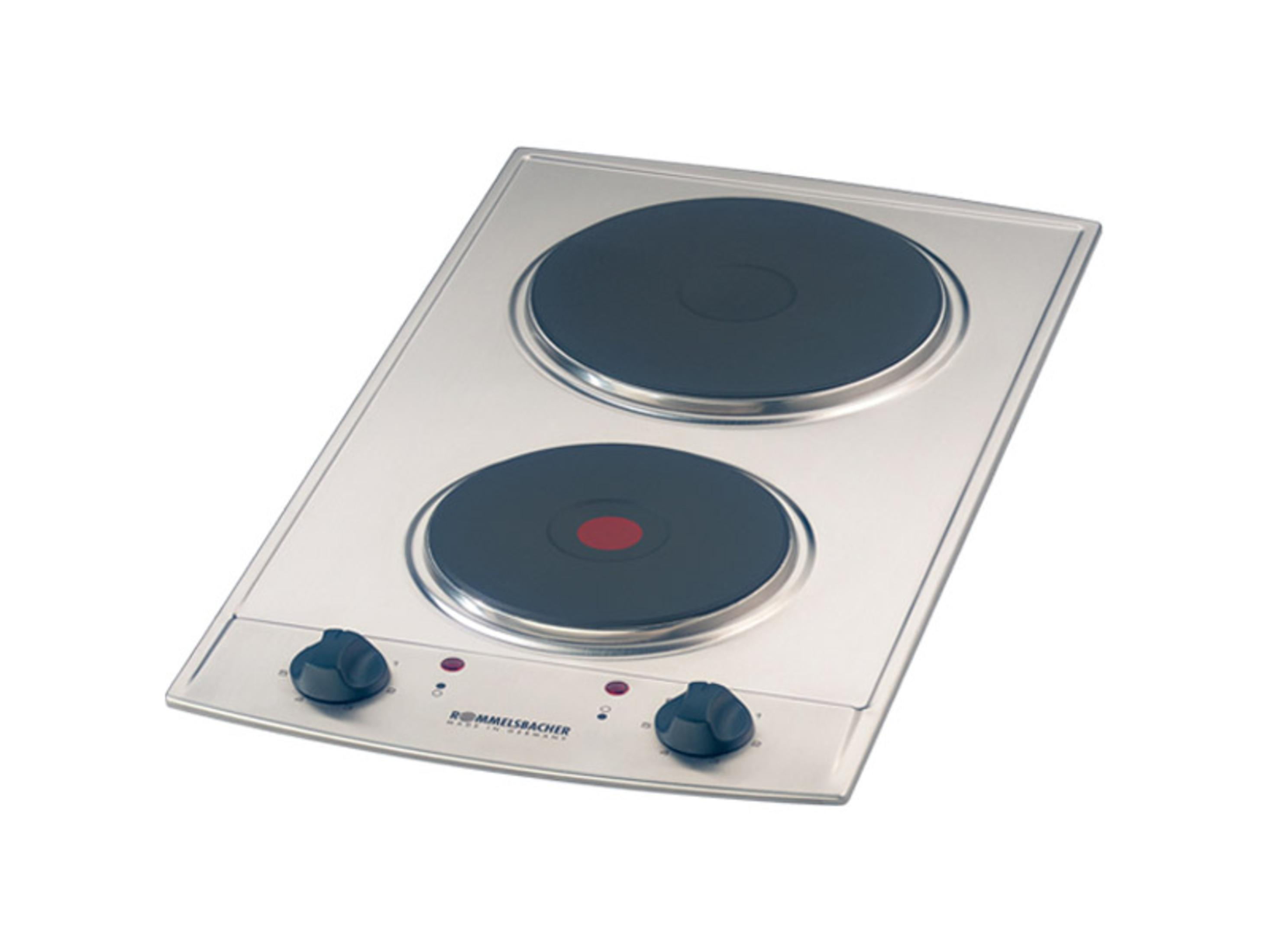 Elektroherd mit zwei Kochplatten und zwei Knöpfen. Silbernes Metallfinish. Weißer Hintergrund.