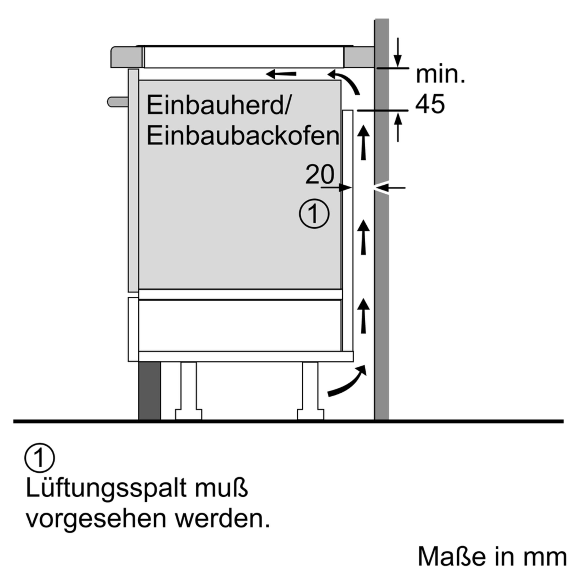 Diagramm eines Einbauofens, Abmessungen und Belüftungsspaltanforderungen zeigend.