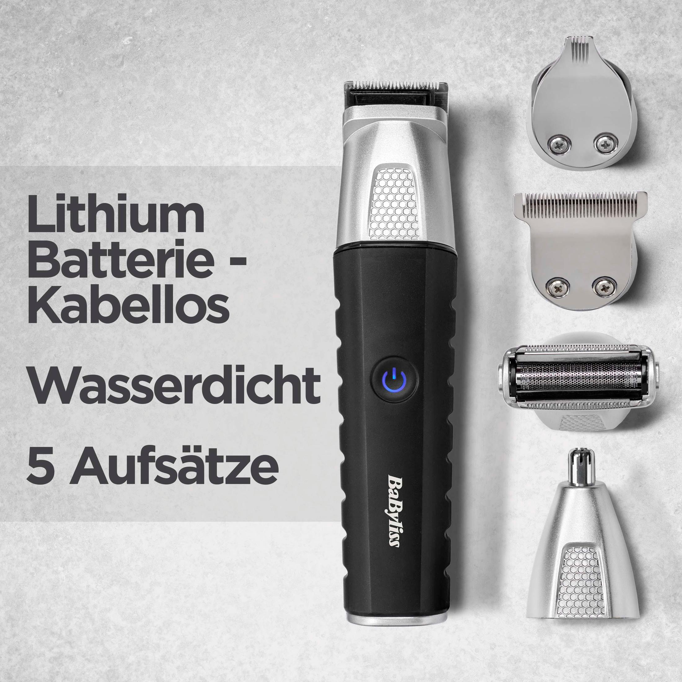Ein schwarzer und silberner elektrischer Haartrimmer mit abnehmbaren Köpfen und Text auf Deutsch.