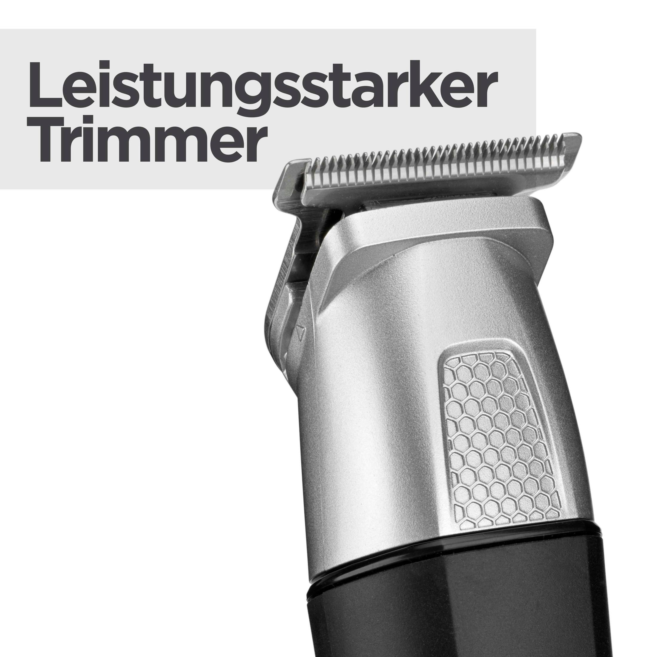 Silber-schwarzer Haartrimmer, Text 'Leistungsstarker Trimmer' links oben.