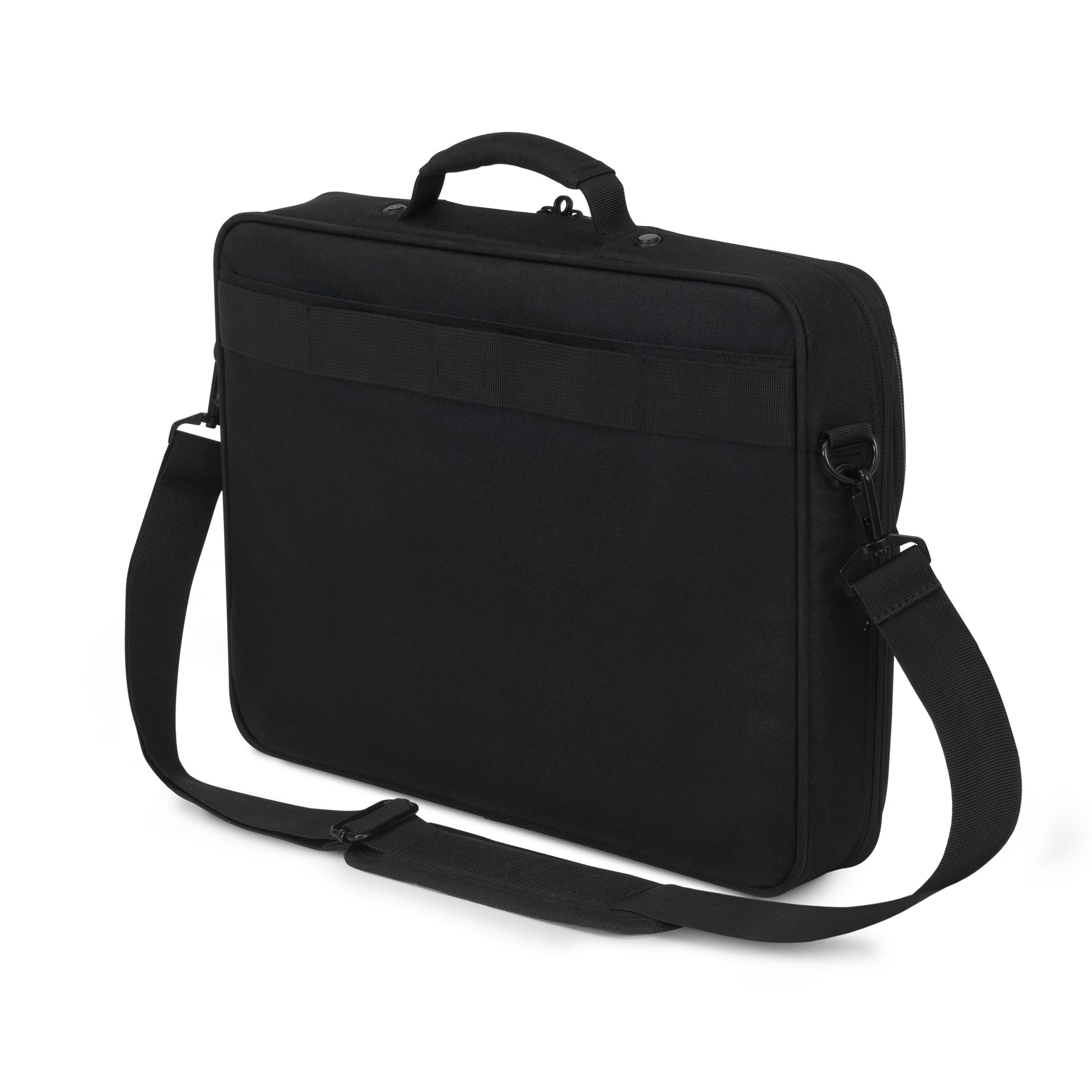 Borsa per laptop nera con manico, tracolla e una cinghia sul retro.