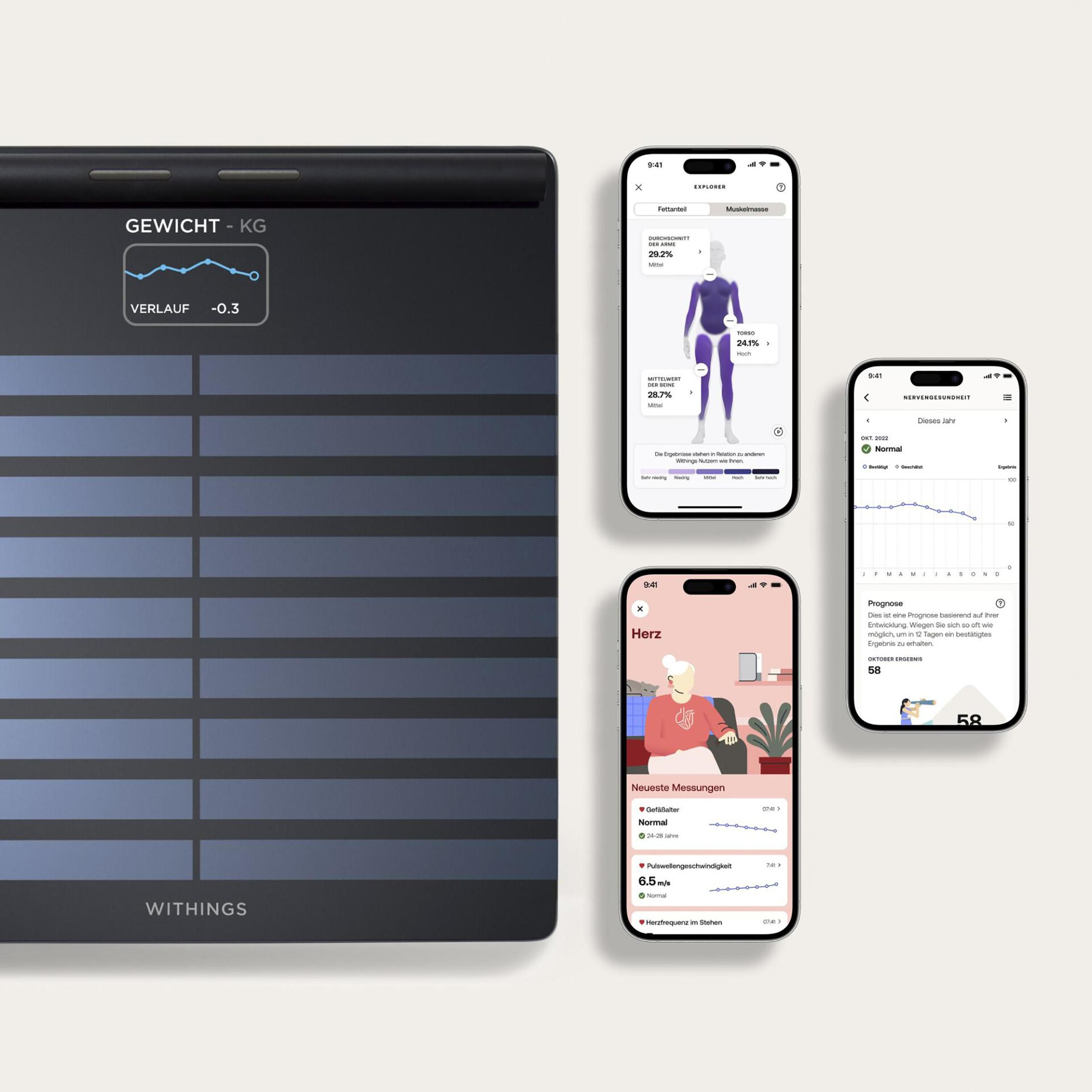Inteligentna waga i wiele ekranów telefonów wyświetlających wskaźniki ciała i dane zdrowotne.