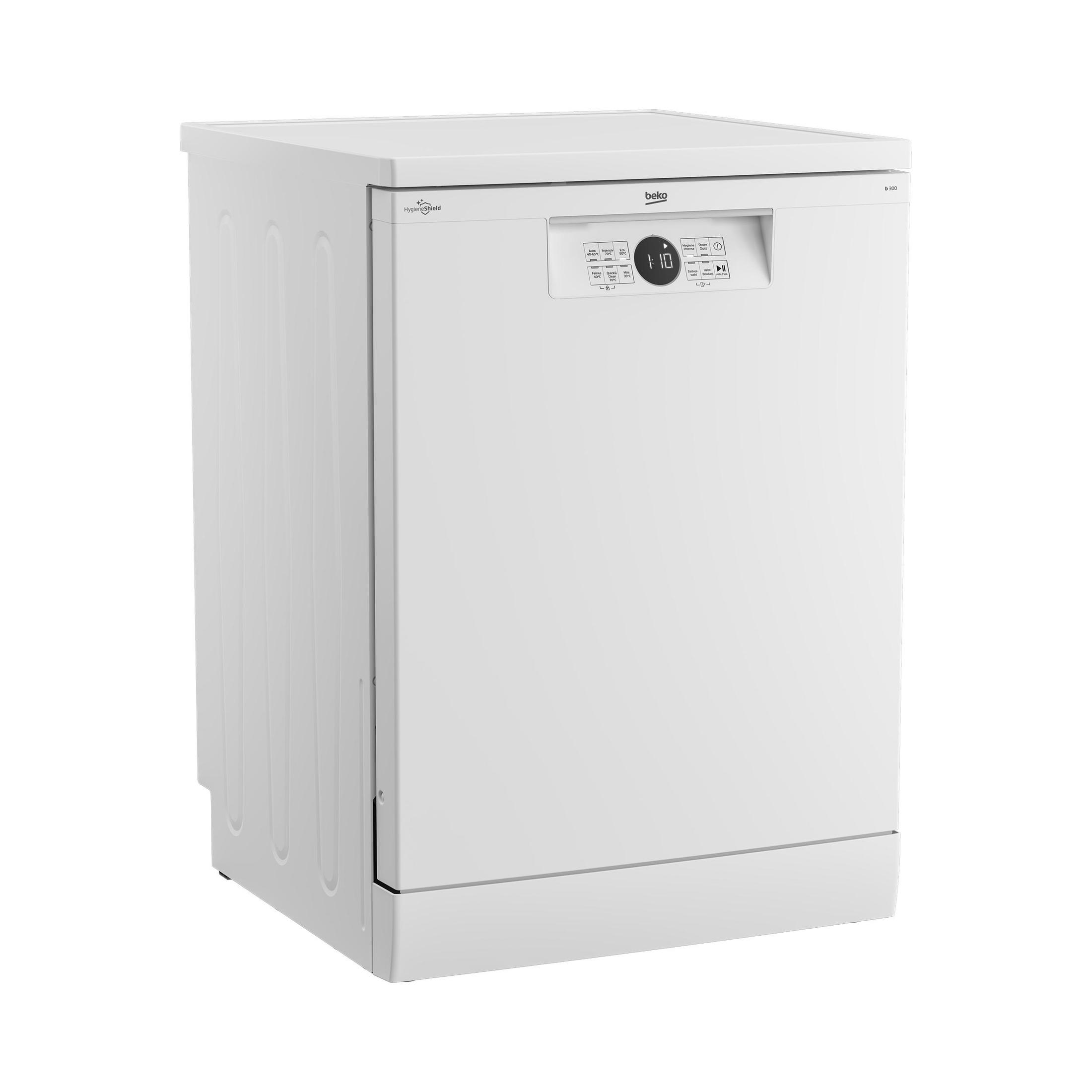 Ein weißer Beko-Geschirrspüler mit Digitalanzeige, Knöpfen und geschlossener Tür.