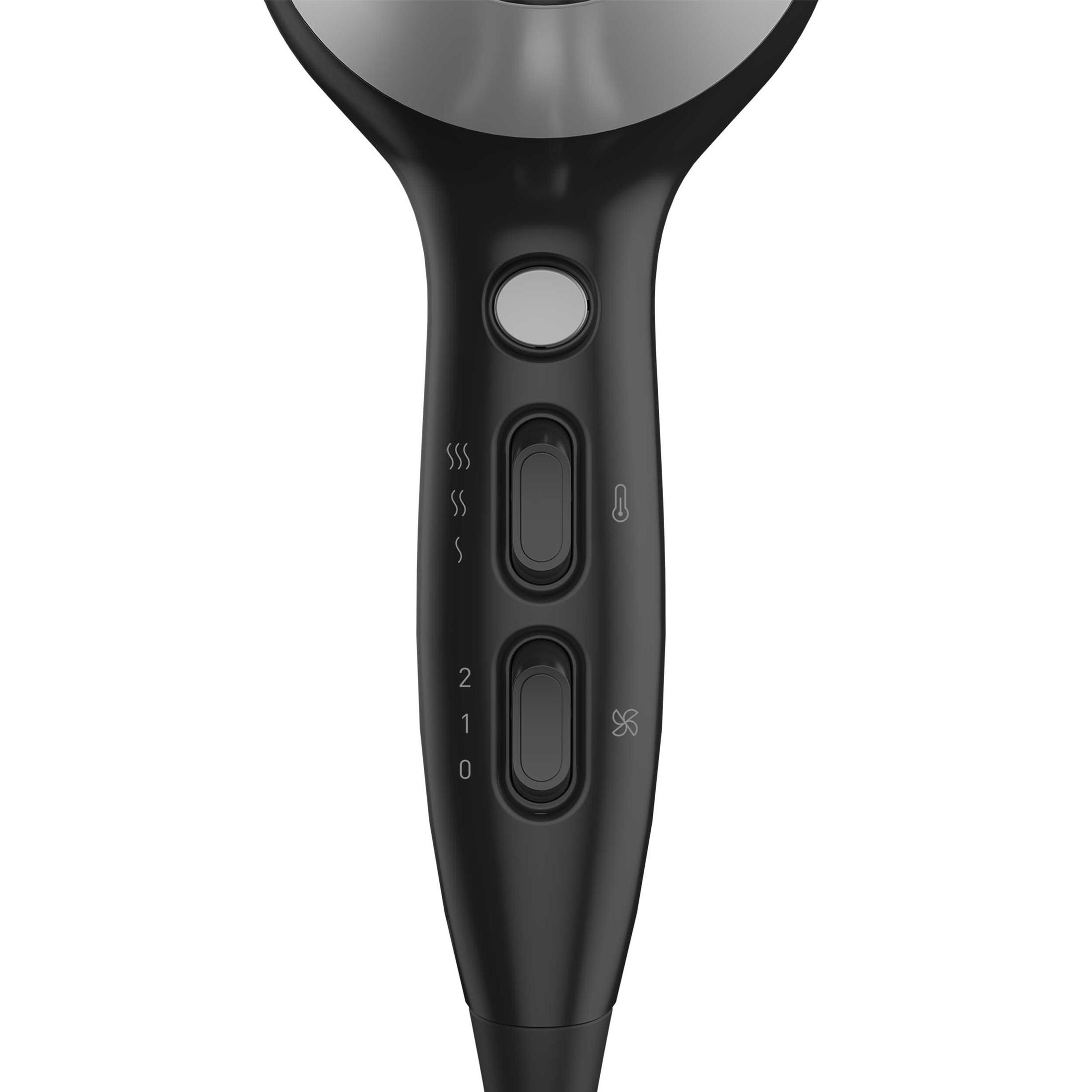 Zbliżenie czarnego uchwytu suszarki do włosów z przyciskami i ustawieniami.