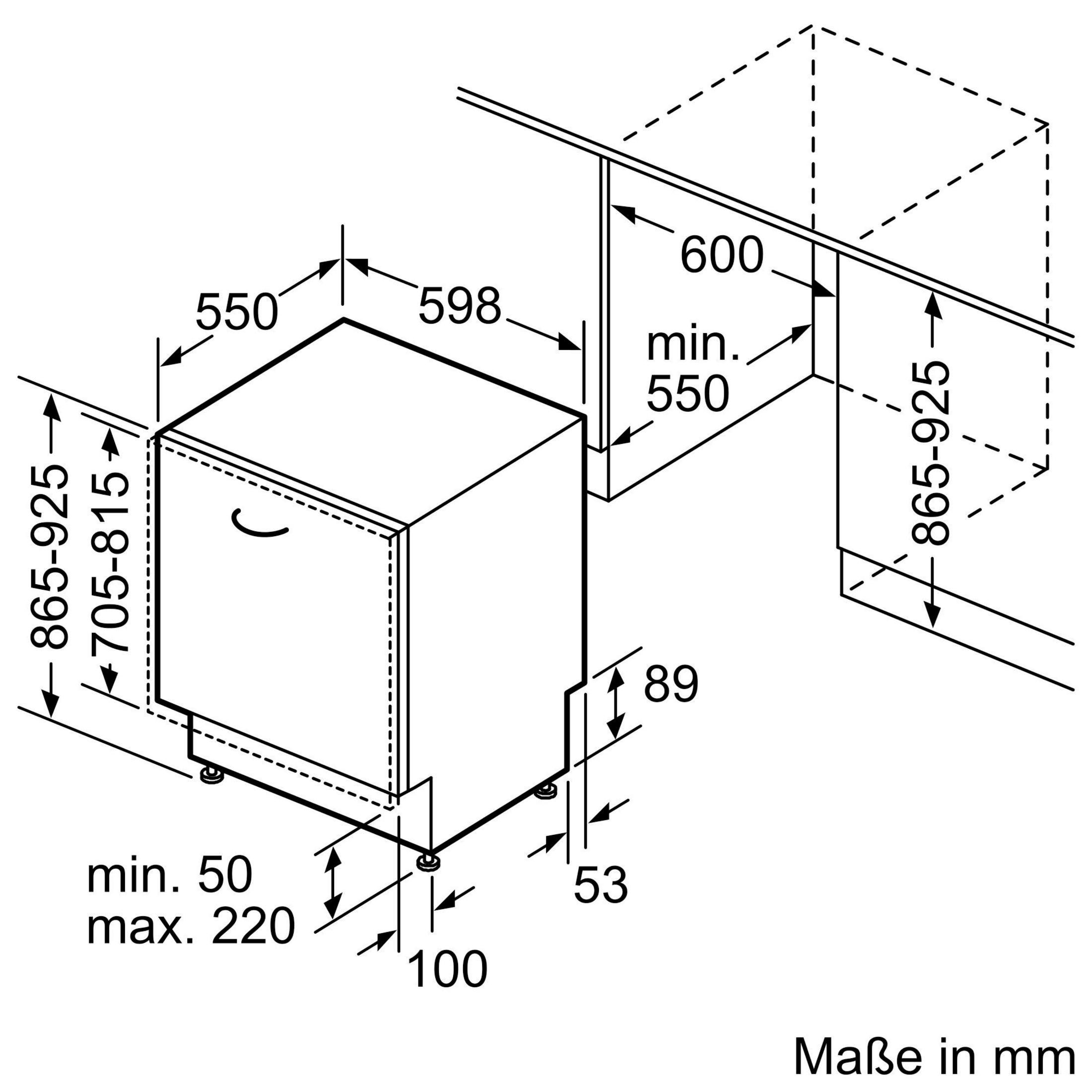 Diagramm eines Geschirrspülers mit Abmessungen in Millimetern. Es zeigt die Größe und Installationsdetails.