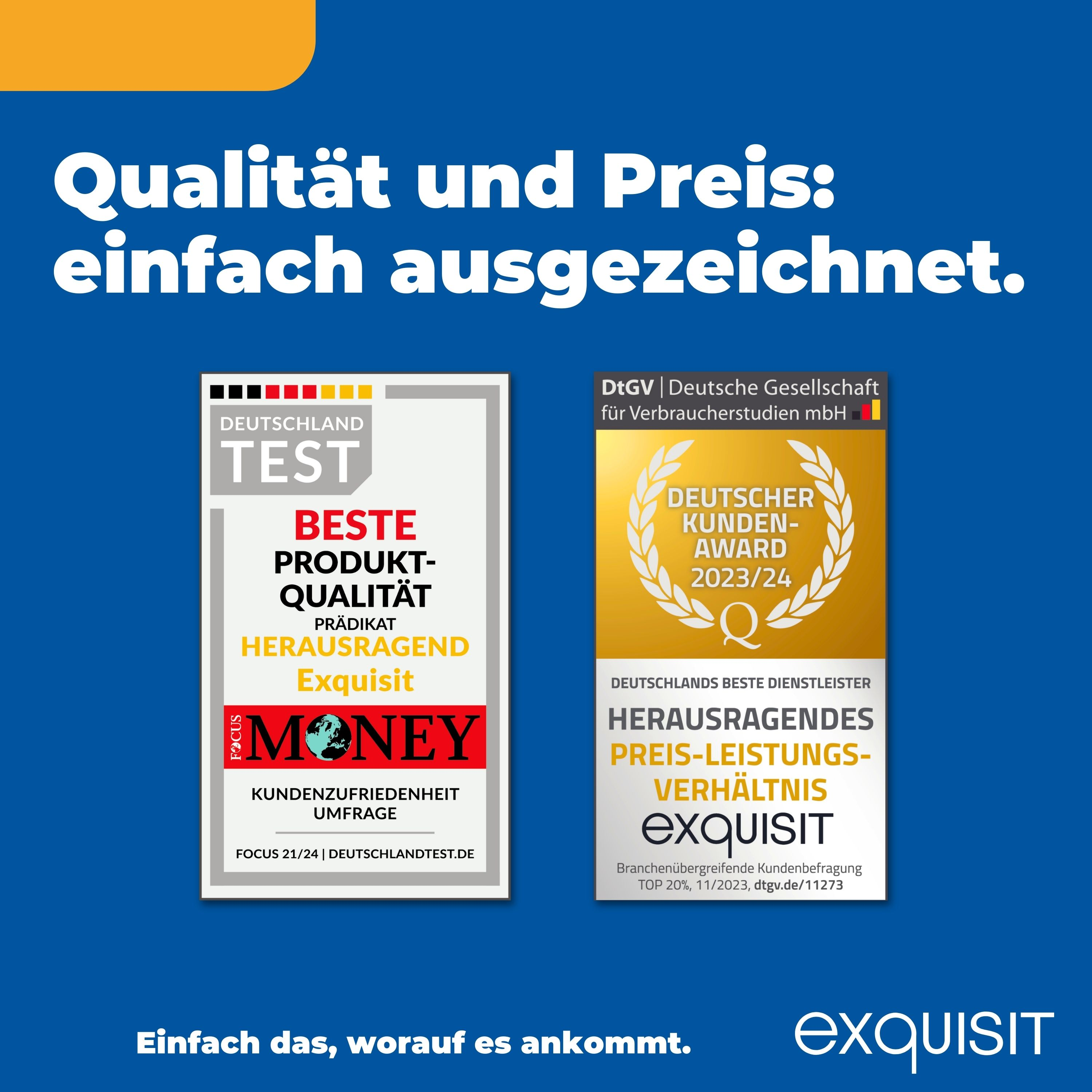 Zwei Auszeichnungen mit Text: Beste Produktqualität und Bestes Preis-Leistungs-Verhältnis.