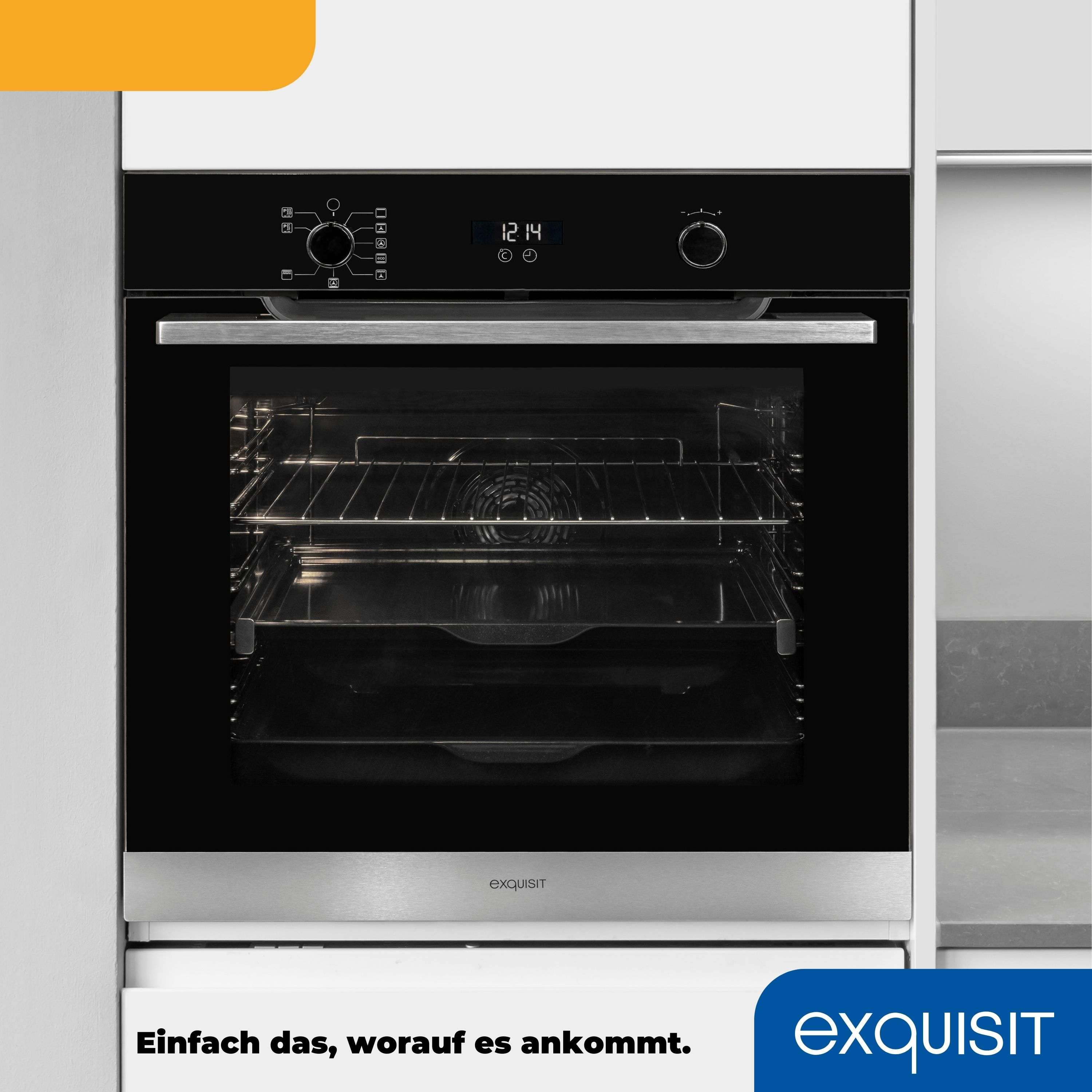 Backofen mit Display. Schwarze Glastür. Text unten auf Deutsch.