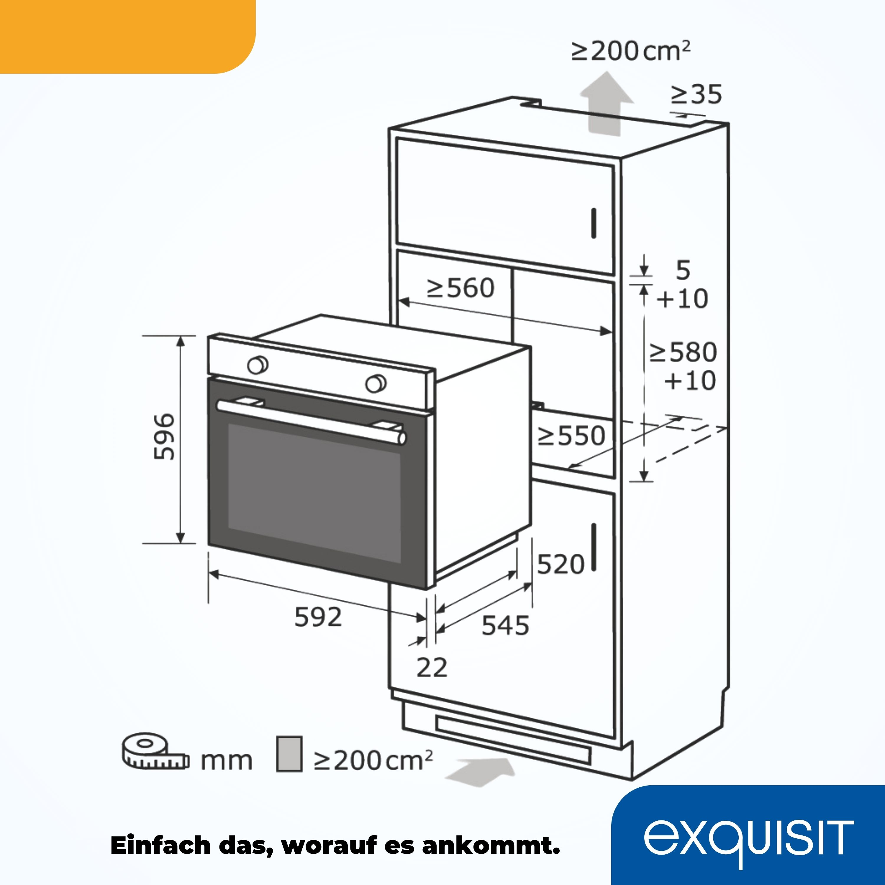 Diagramm eines Ofens mit Abmessungen und Beschriftungen, integriert in einen Schrank.
