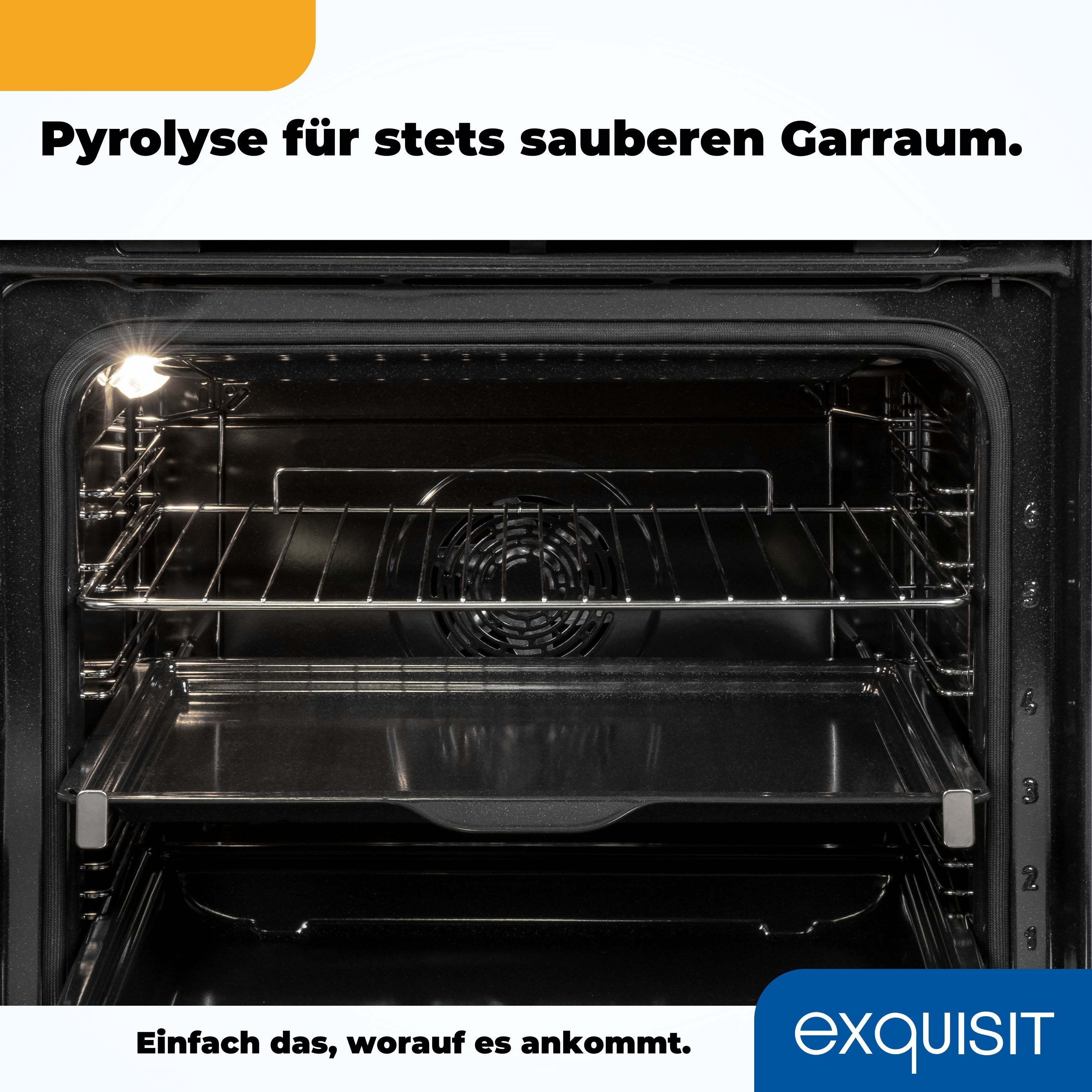 Backofen-Innenraum mit Rosten und Ventilator. Text: Pyrolyse für stets sauberen Garraum.