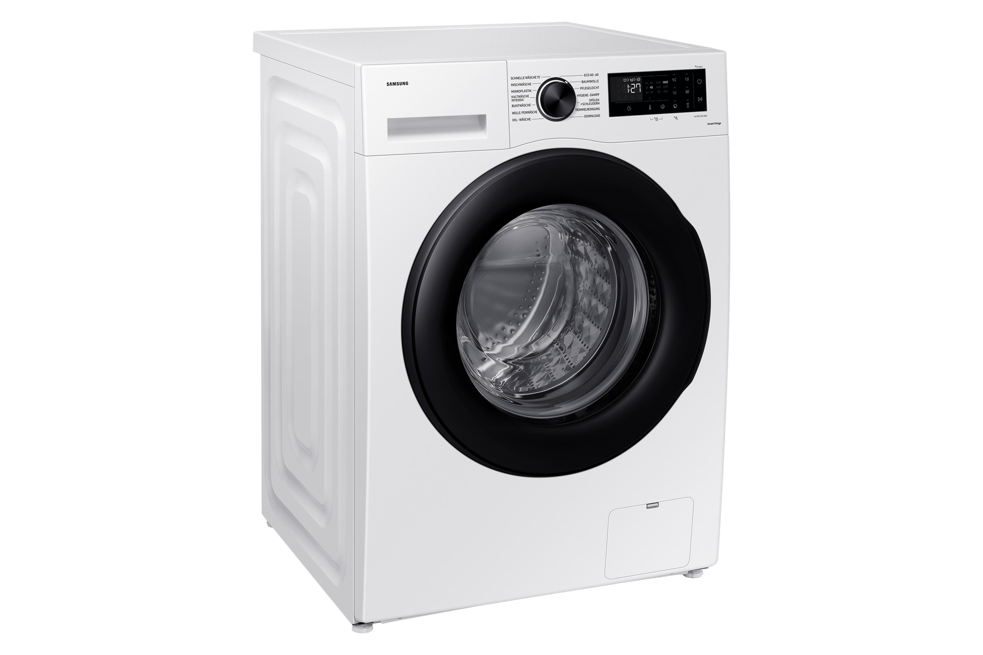 Weiße Waschmaschine, schwarze Tür, Seitenansicht, weißer Hintergrund, leicht geneigt.