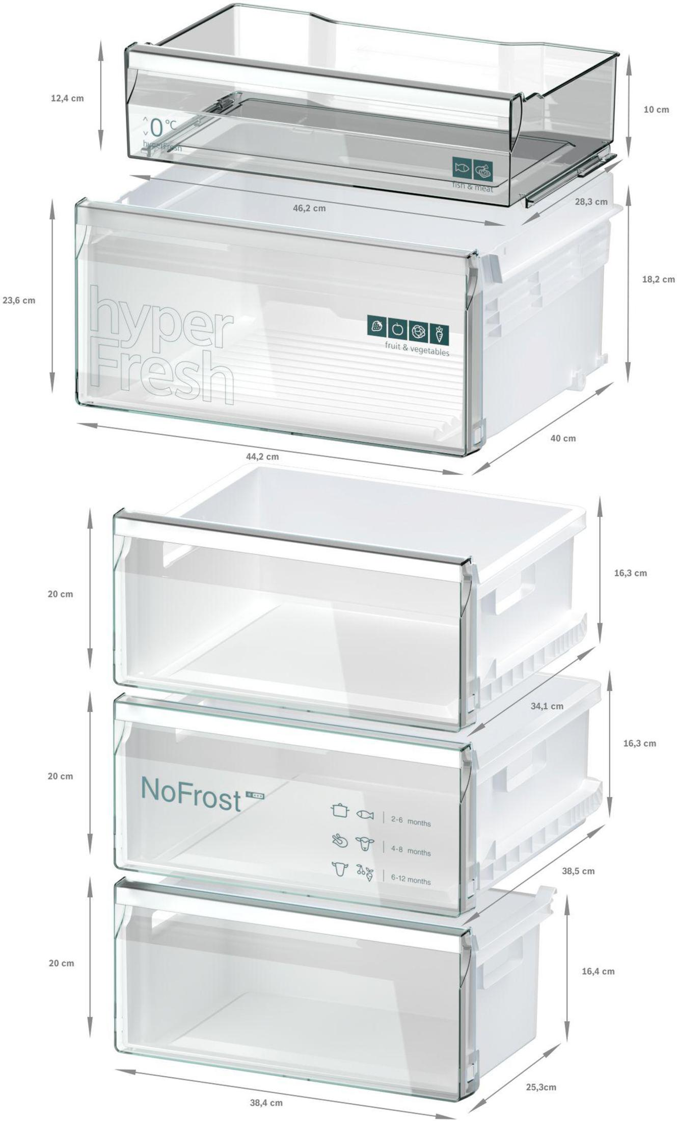 Un diagrama que muestra cajones de refrigerador con dimensiones y etiquetas, fondo blanco.
