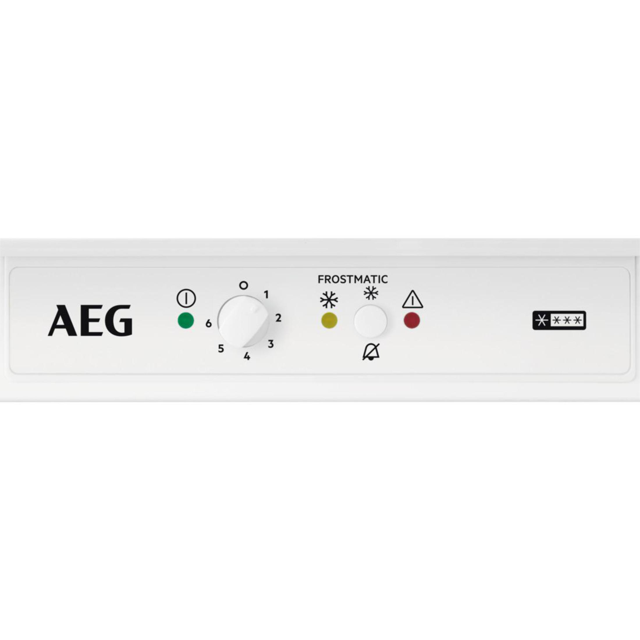 White AEG refrigerator control panel. Features include temperature settings and lights.