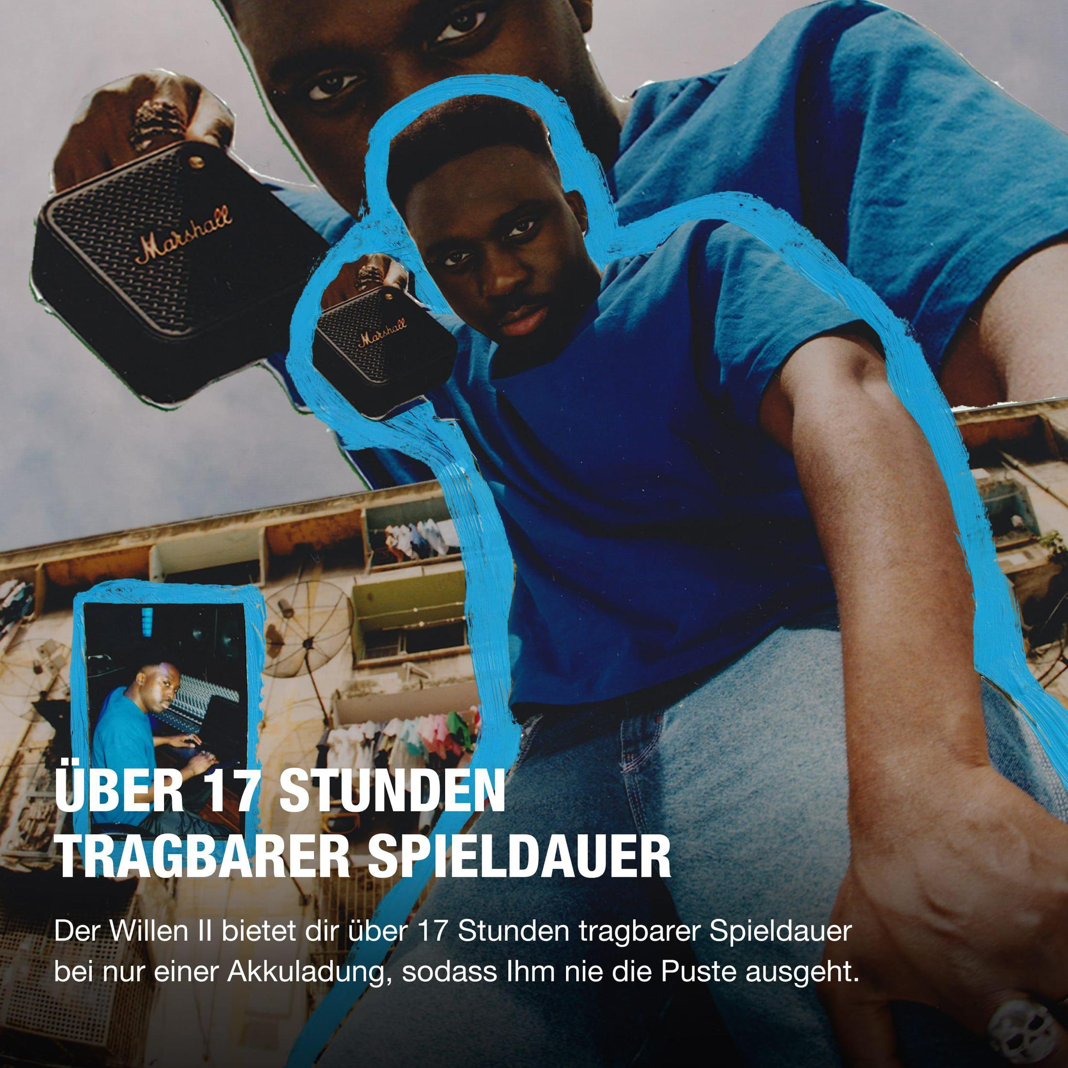 Uomo e altoparlante Marshall su sfondo blu/azzurro.