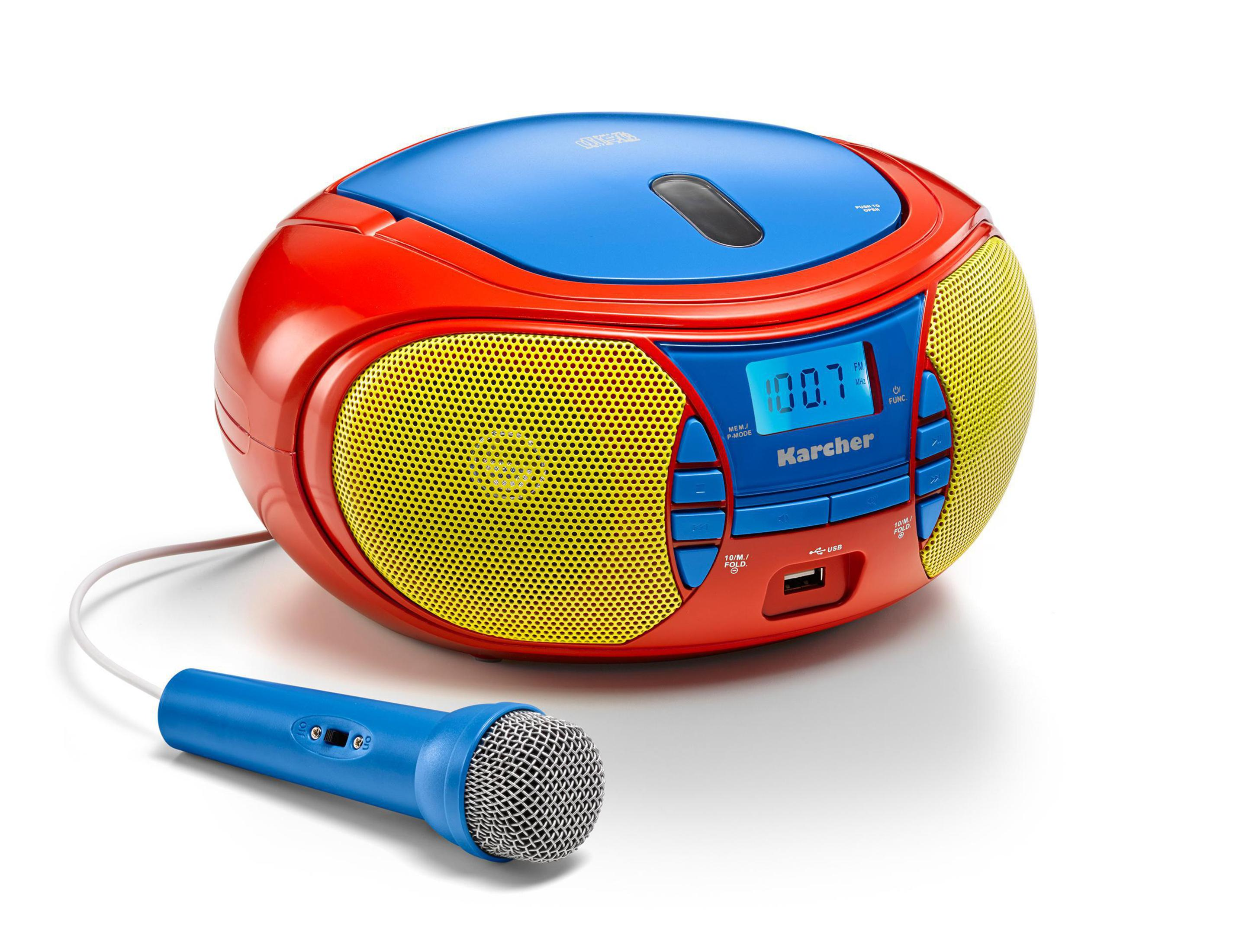 Bunter Ghettoblaster mit CD-Player und Mikrofon.