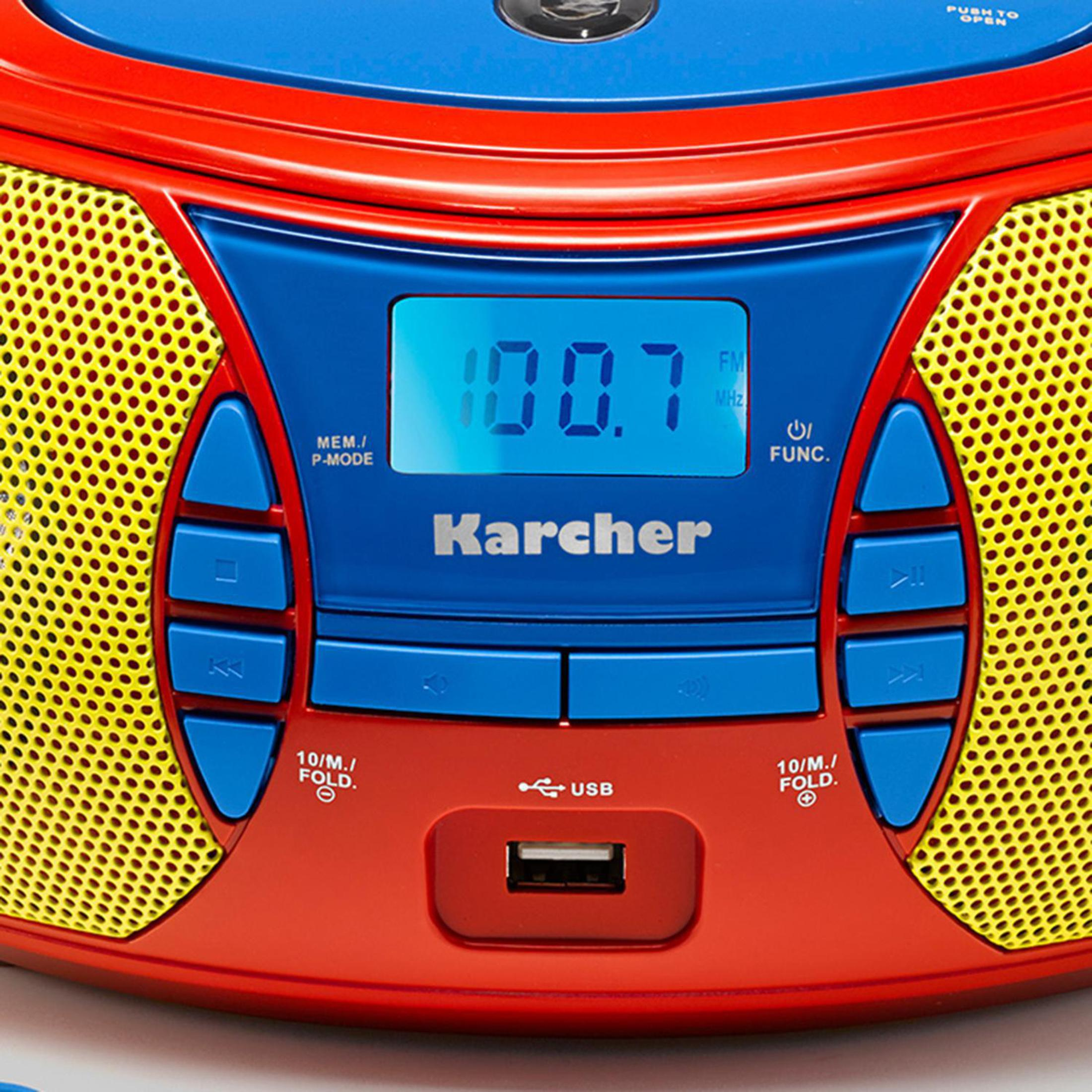 Ein rotes und blaues Karcher-Radio mit USB-Anschluss und Display mit 100,7 FM.