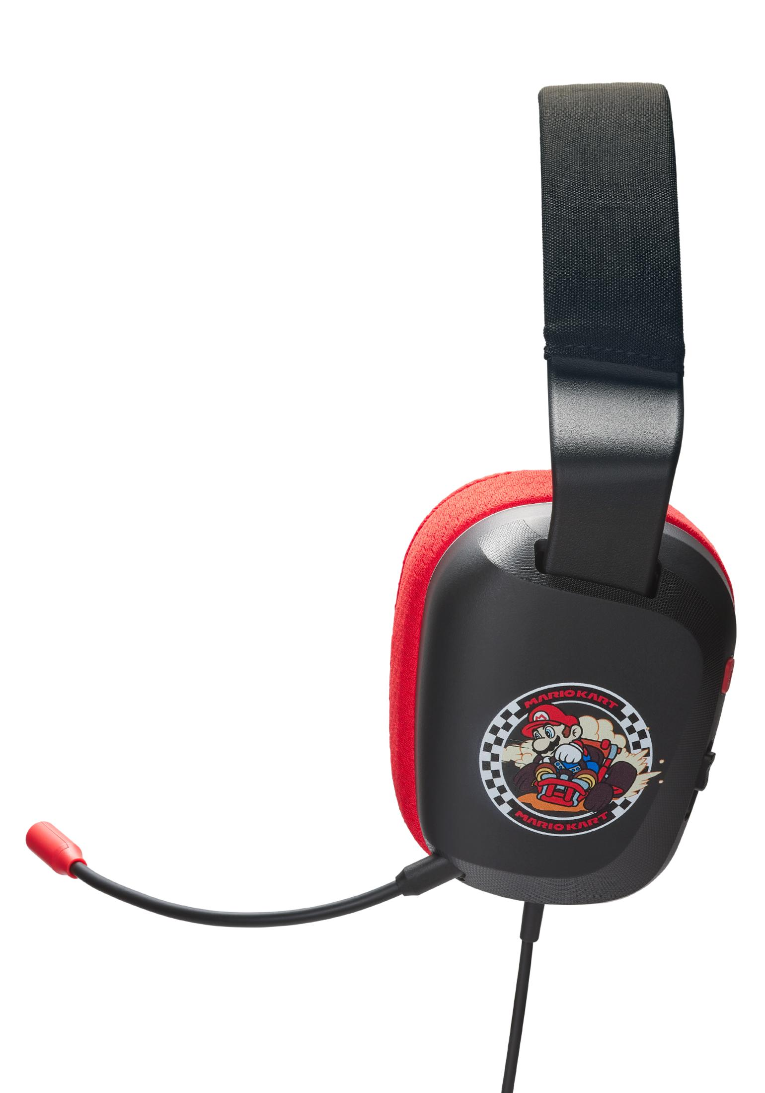 Czarne i czerwone słuchawki z motywem Mario, z mikrofonem i kablem.
