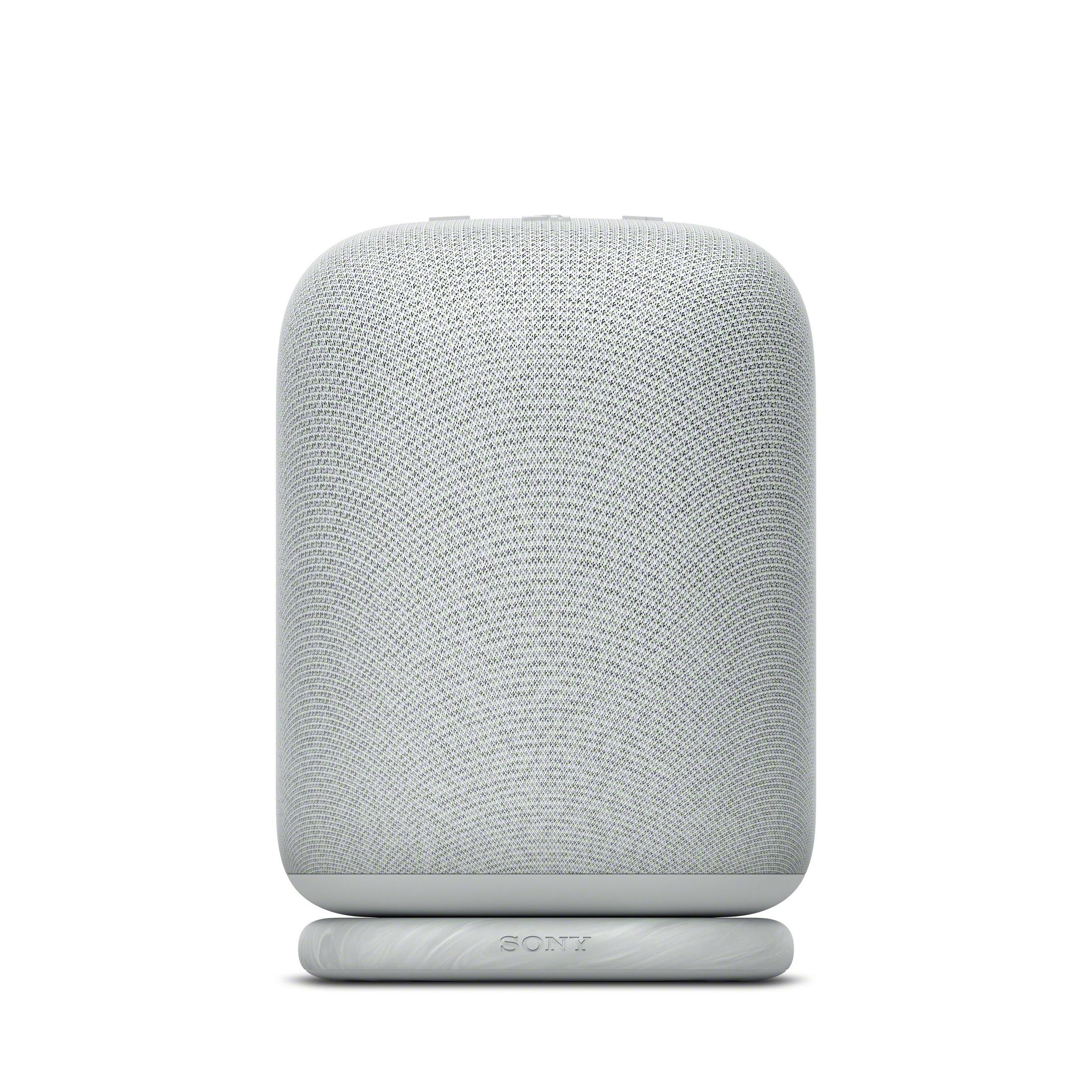 Altoparlante cilindrico bianco su base bianca, su sfondo bianco. Logo Sony sulla base.