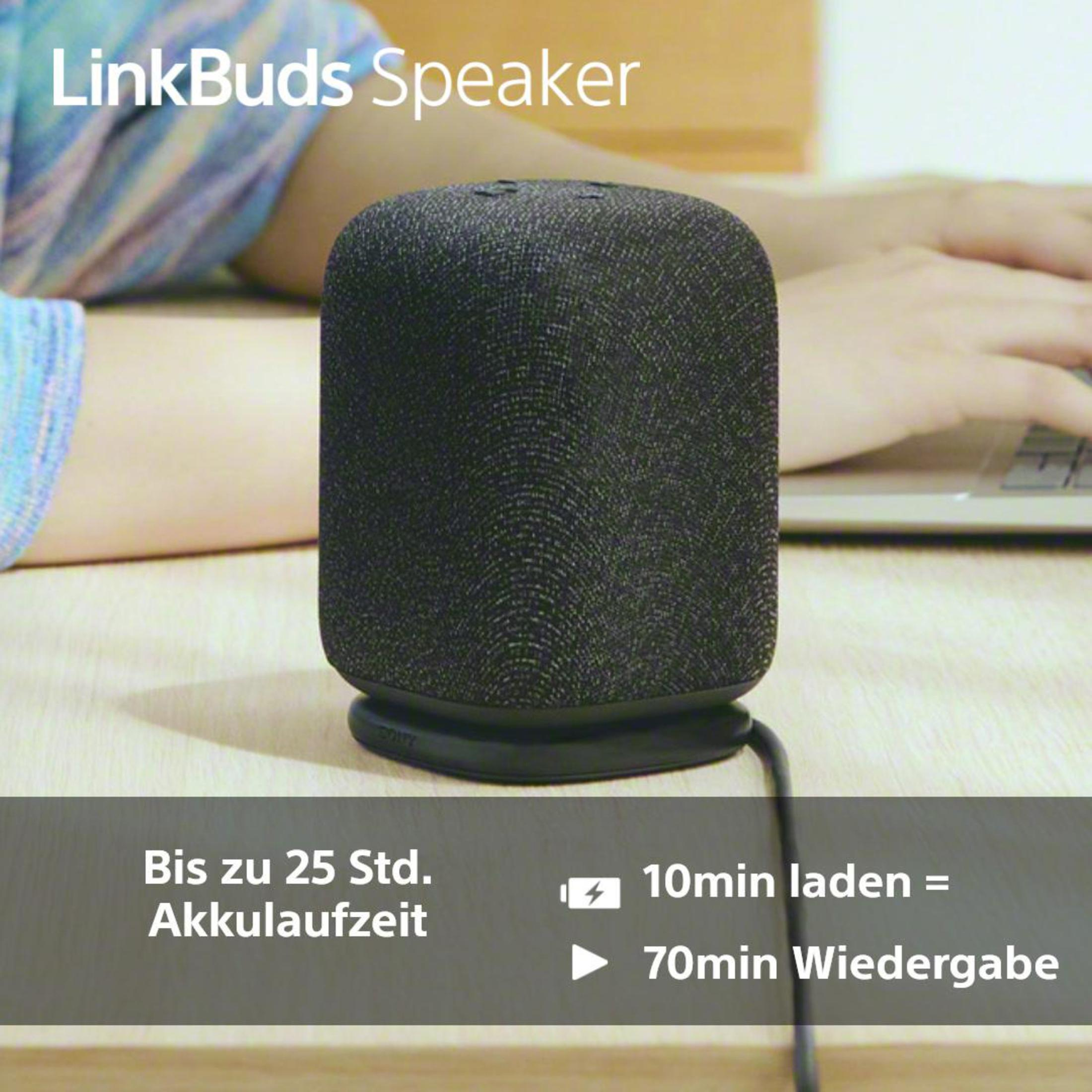 Altoparlante LinkBuds nero su tavolo, con cavo di ricarica. Testo: 25h batteria e 70min riproduzione.