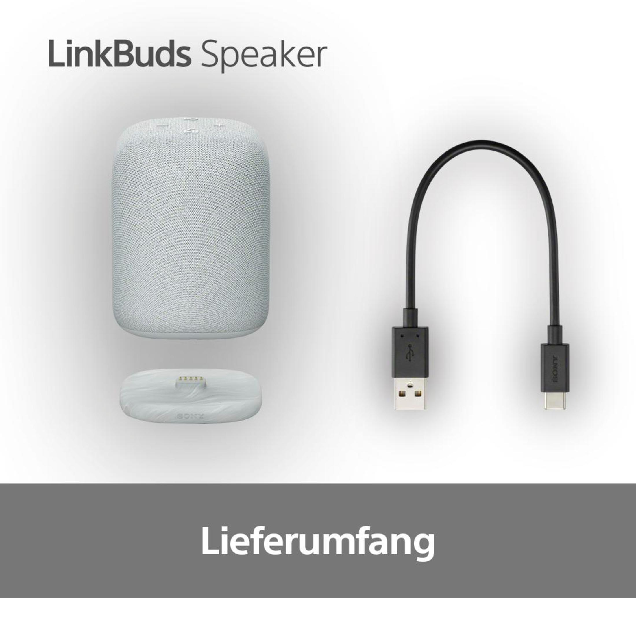 Un altoparlante bianco con una base di ricarica e un cavo USB.