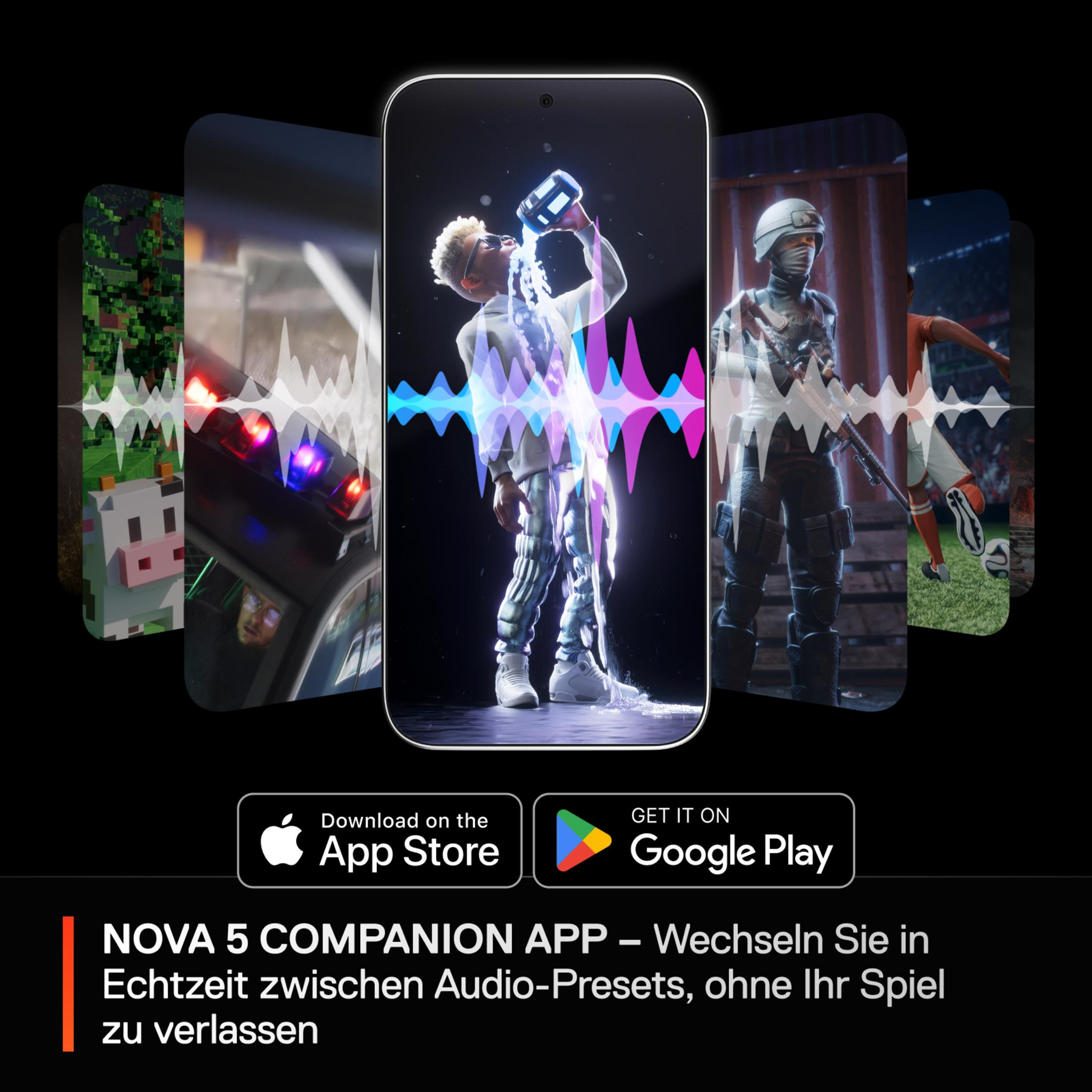 Schermo del telefono con interfaccia utente dell'app, circondato da grafica di gioco, loghi degli app store.
