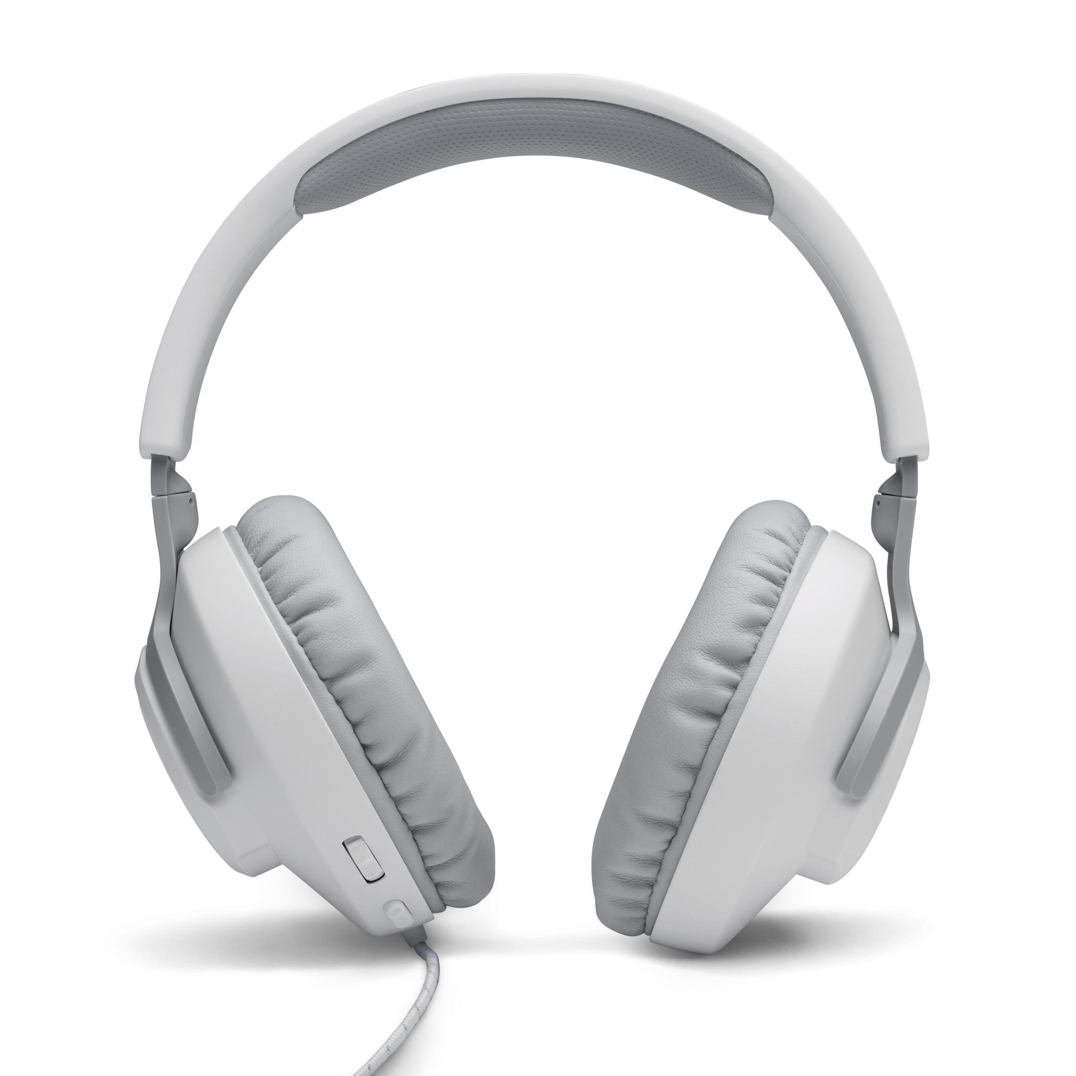 Auriculares blancos y grises sobre un fondo blanco.