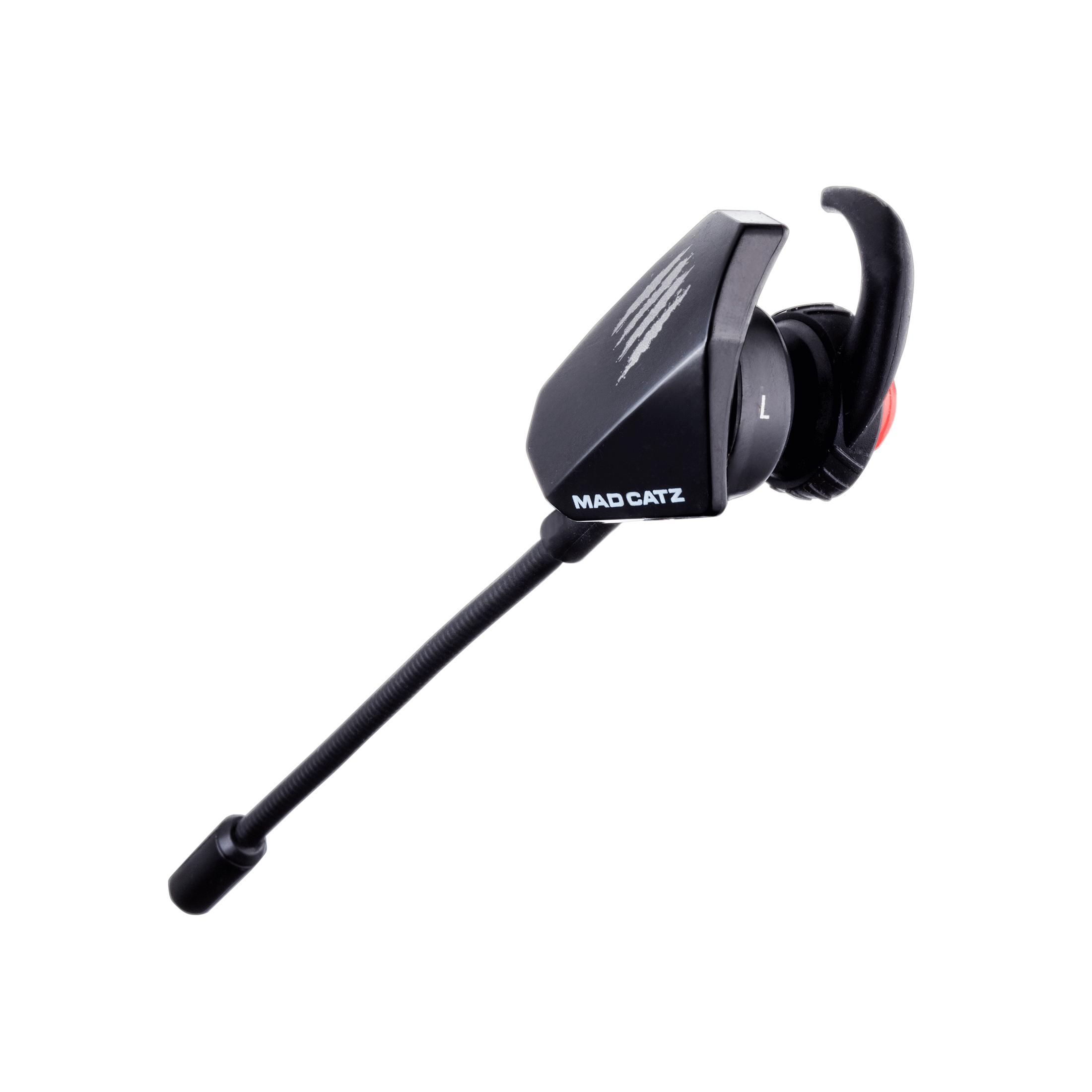 Cuffie da gioco Mad Catz nere con microfono, L segnata sul lato, su sfondo bianco.