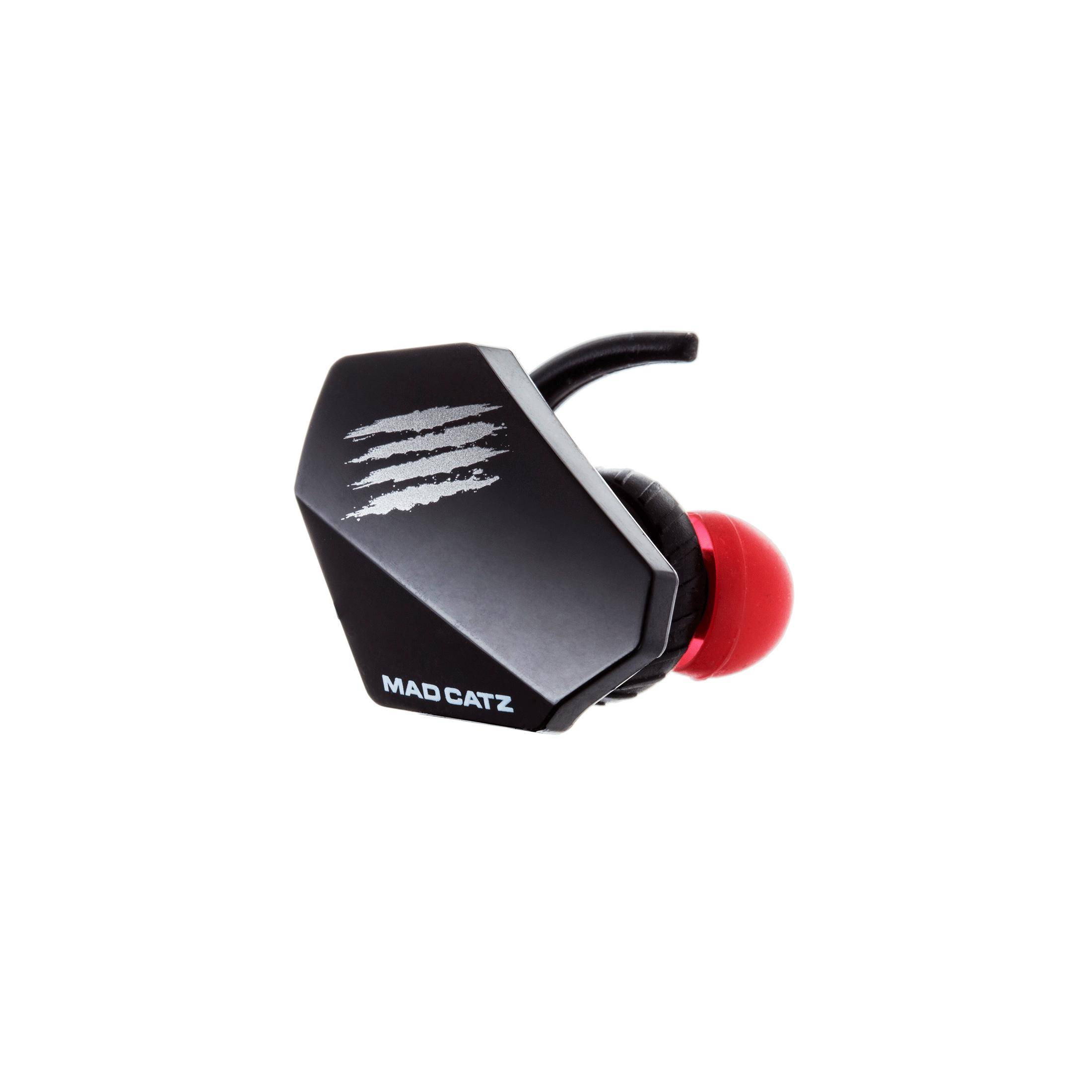 Auricolare Mad Catz nero e rosso. Ha il logo e un auricolare rosso.