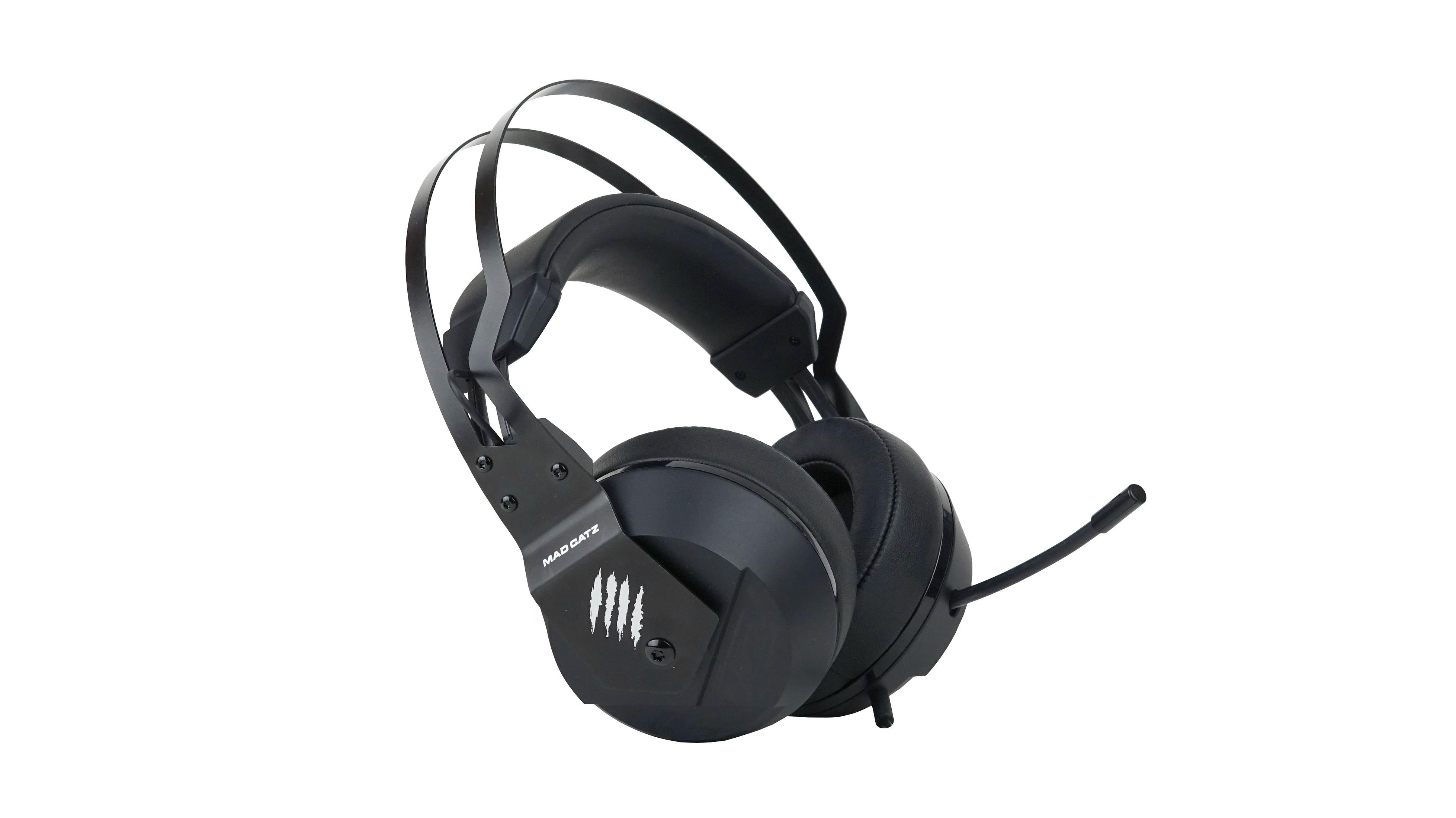 Czarne słuchawki dla graczy z mikrofonem i logo Mad Catz. Białe tło.