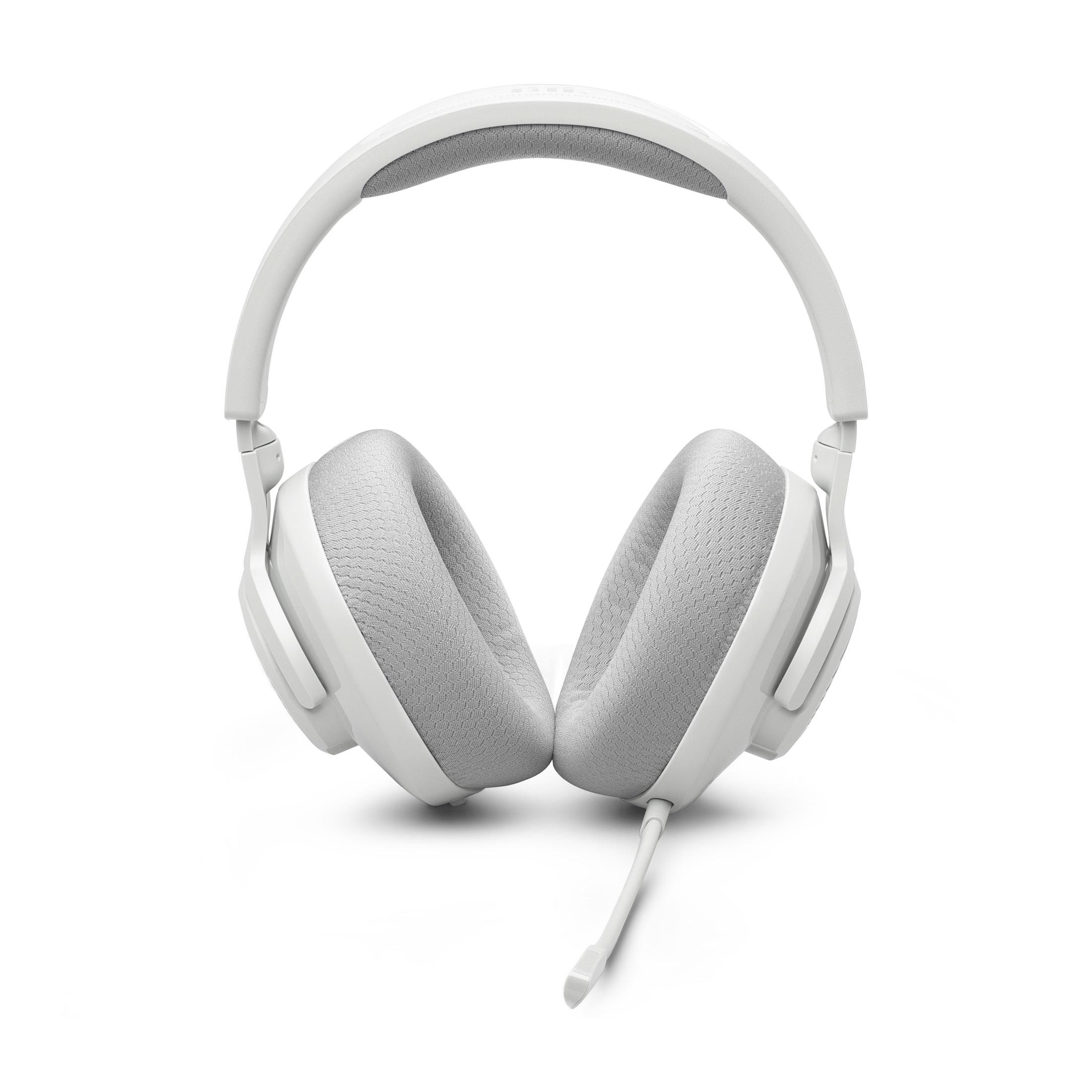 Weiße Over-Ear-Kopfhörer mit grauen Ohrmuscheln und einem Mikrofon. Die Kopfhörer vor Weiß.