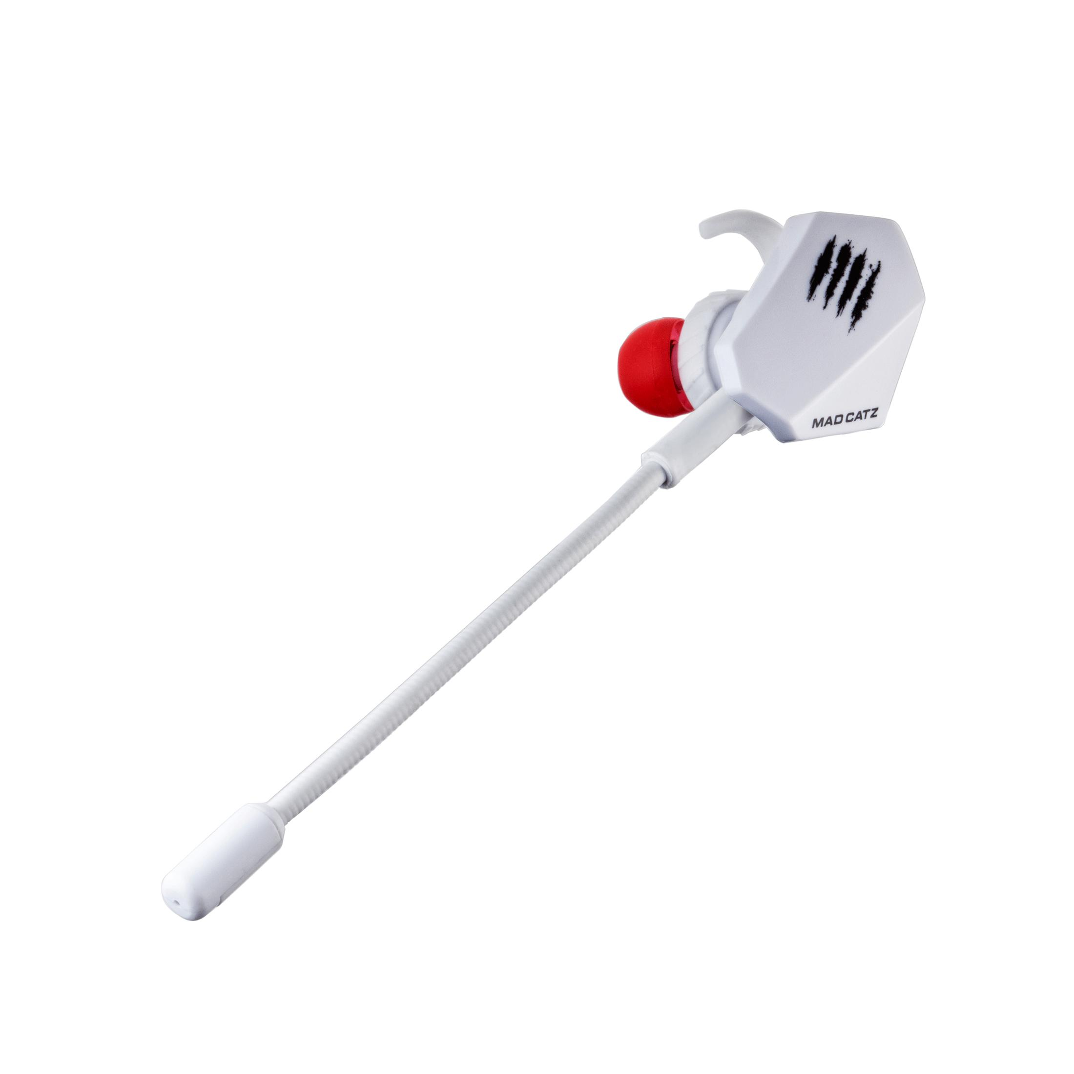Cuffie da gaming Mad Catz bianche e nere con microfono su sfondo bianco.