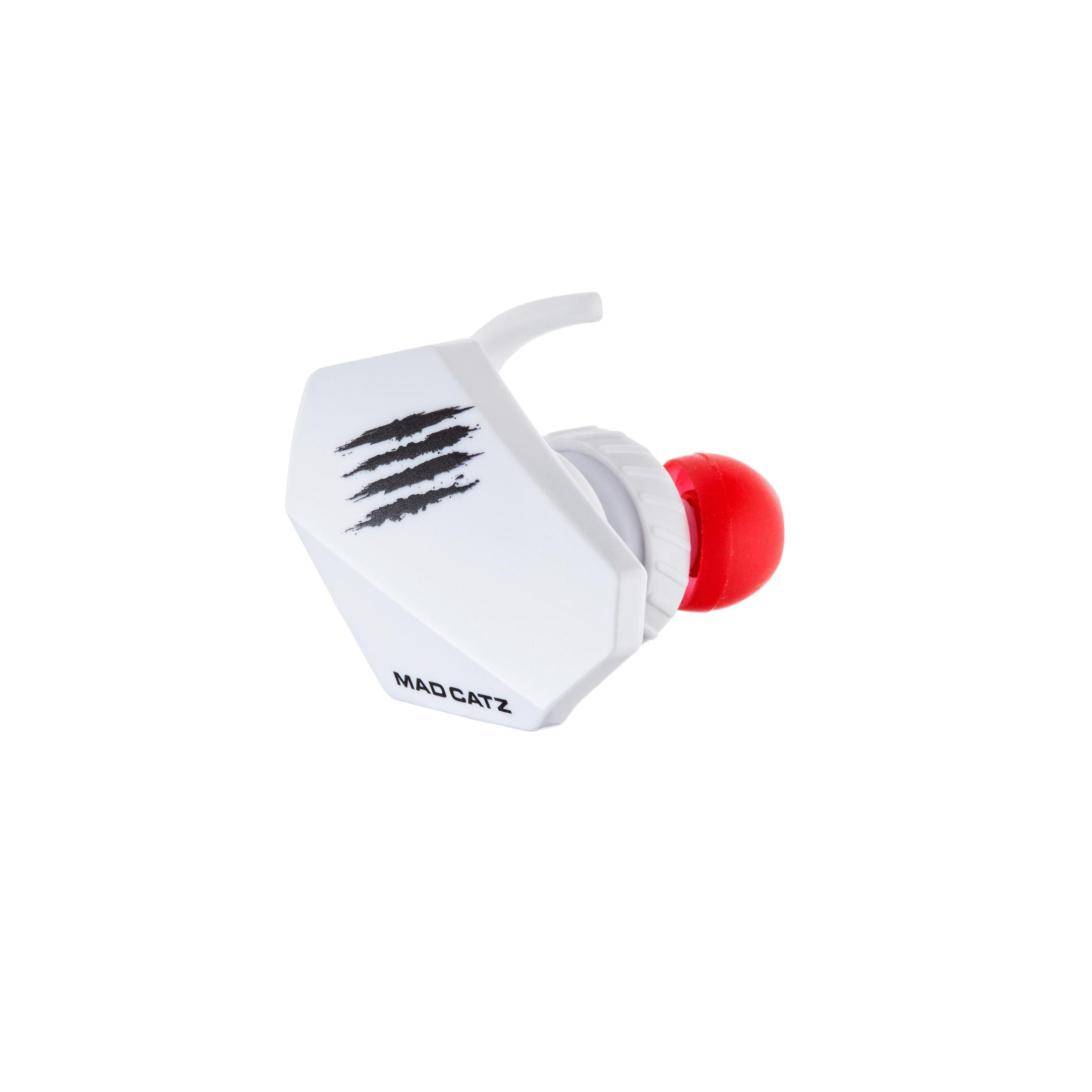 Auricolare bianco con punta rossa e segni neri a forma di artiglio. Il testo 'MAD CATZ' è scritto.